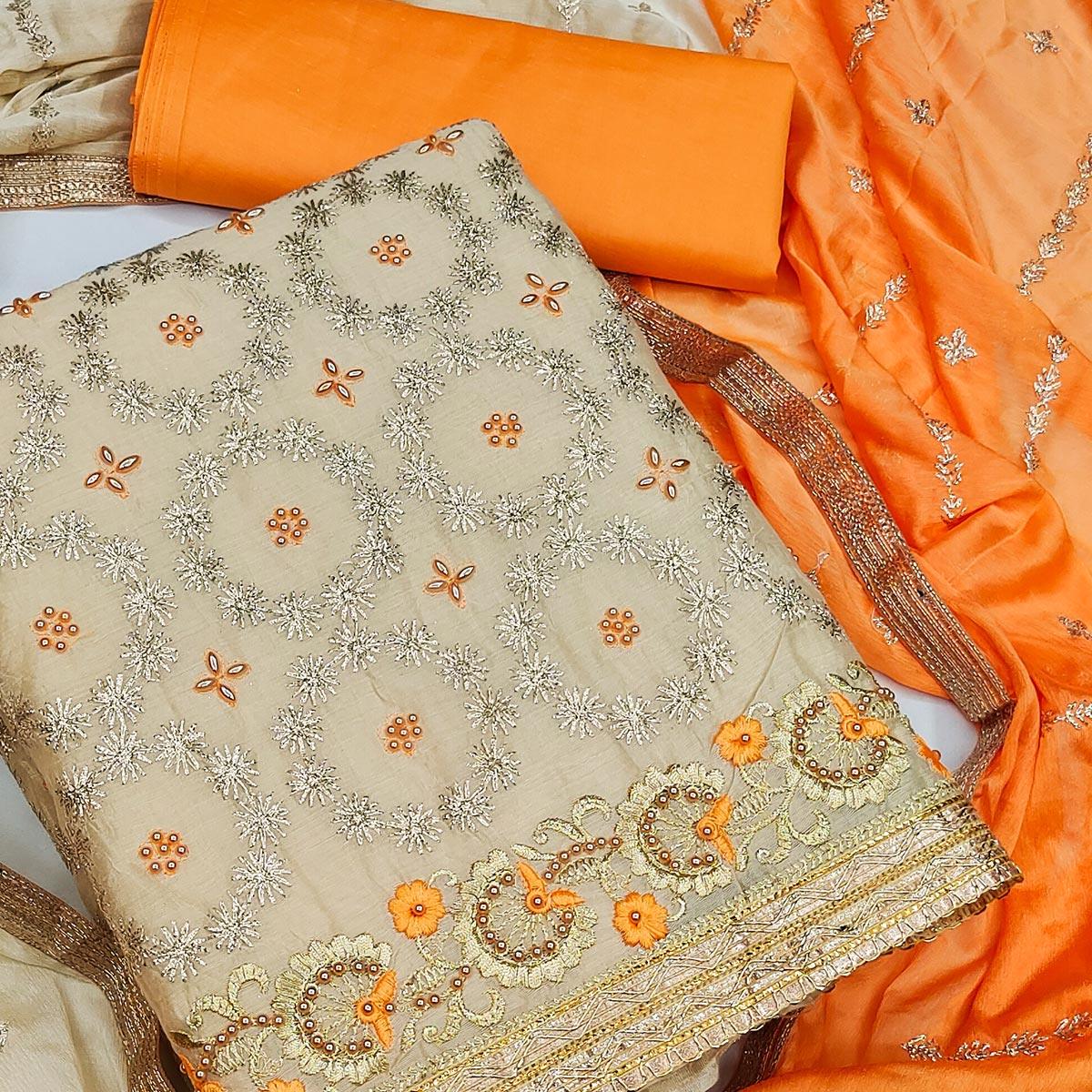 Beige Festive Wear Floral Embroidered Chanderi Dress Material - Peachmode