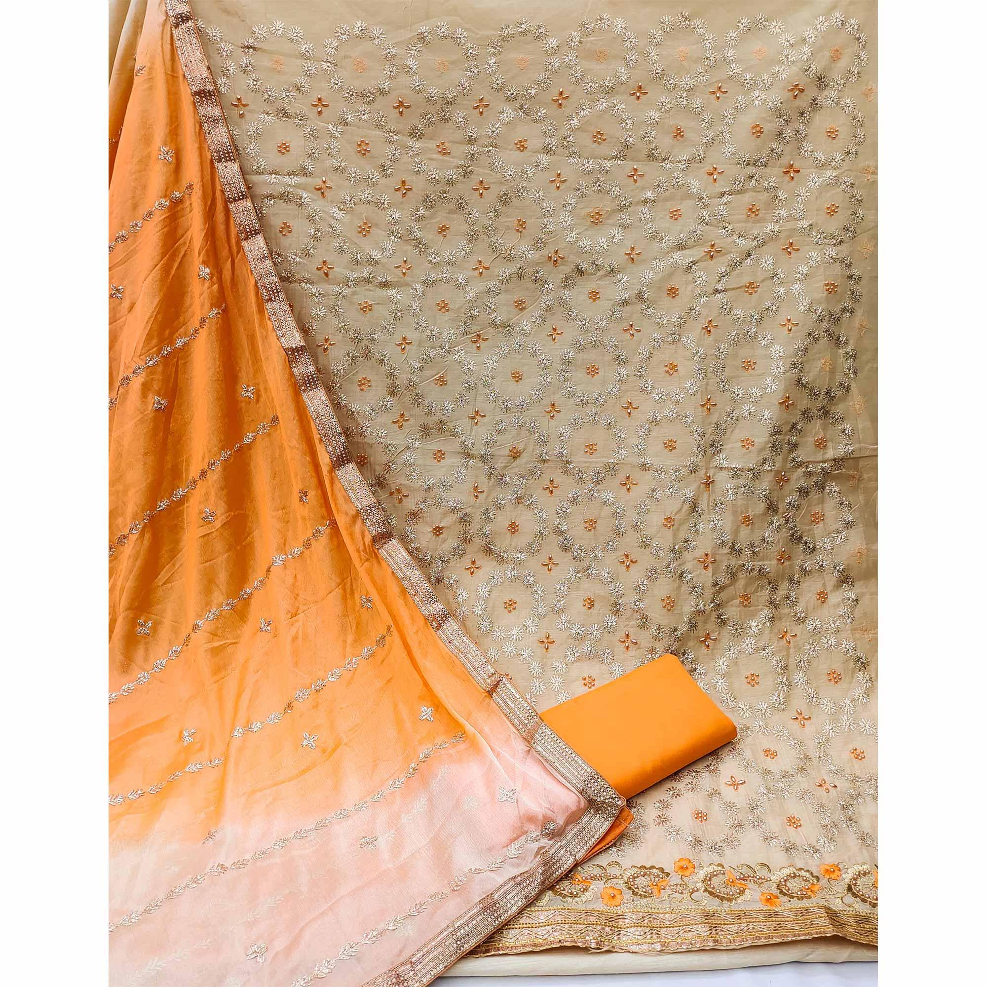 Beige Festive Wear Floral Embroidered Chanderi Dress Material - Peachmode