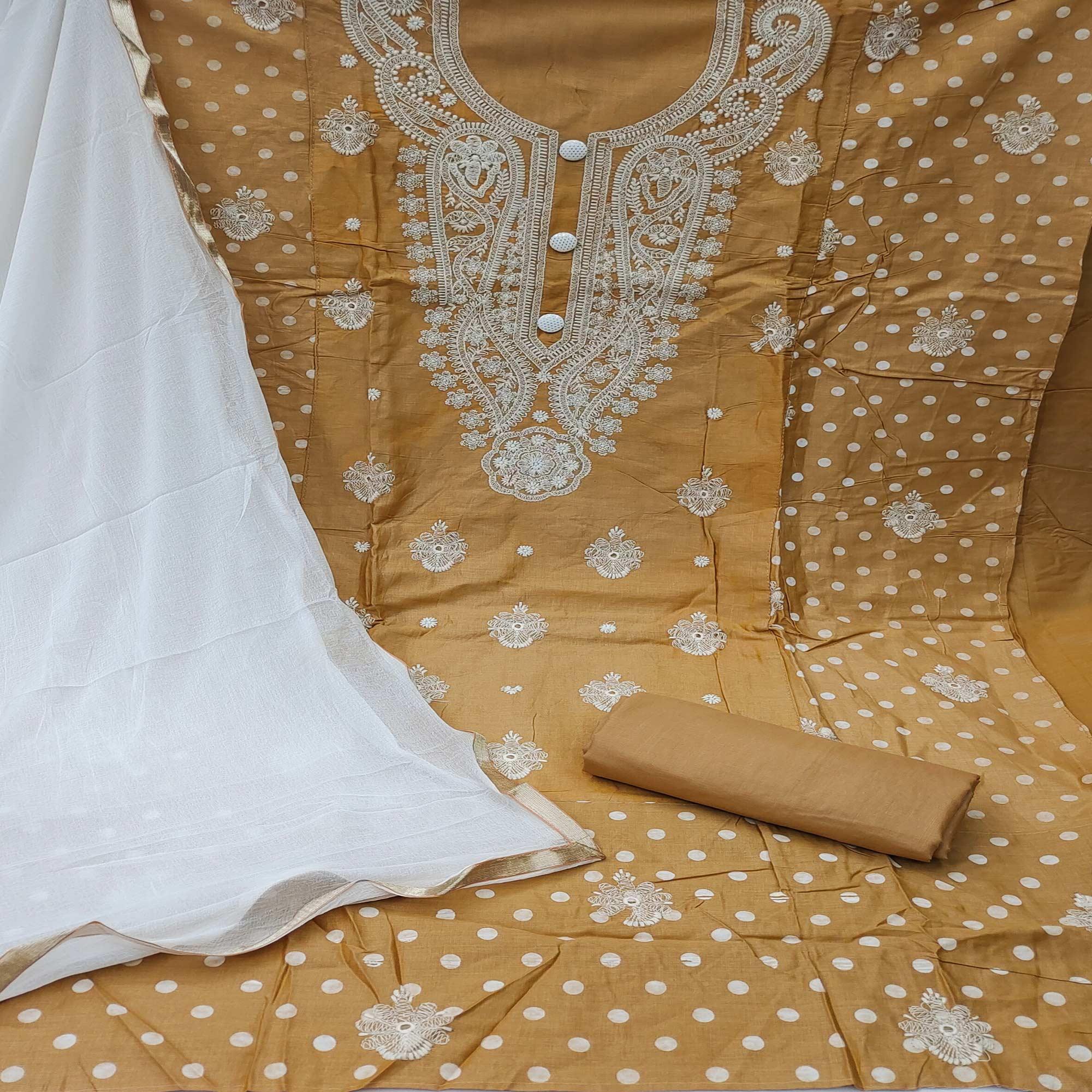 Beige Festive Wear Floral Embroidered Cotton Dress Material - Peachmode