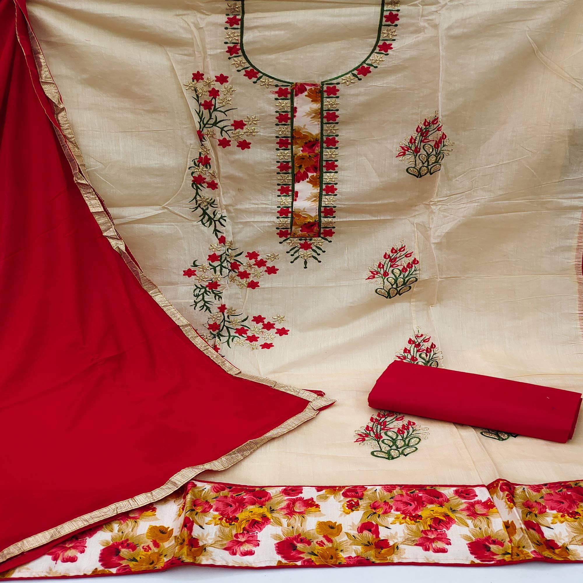 Beige Festive Wear Floral Embroidered Modal Dress Material - Peachmode