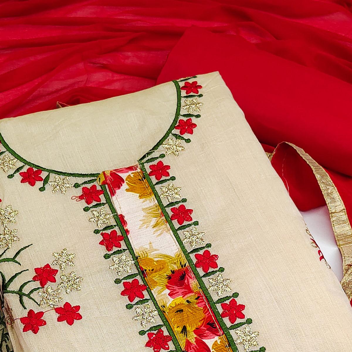 Beige Festive Wear Floral Embroidered Modal Dress Material - Peachmode