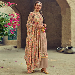 Beige Festive Wear Floral Embroidred Straight Faux Georgette Palazzo Suit - Peachmode
