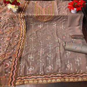 Beige Festive Wear Floral Embroidred Straight Faux Georgette Palazzo Suit - Peachmode