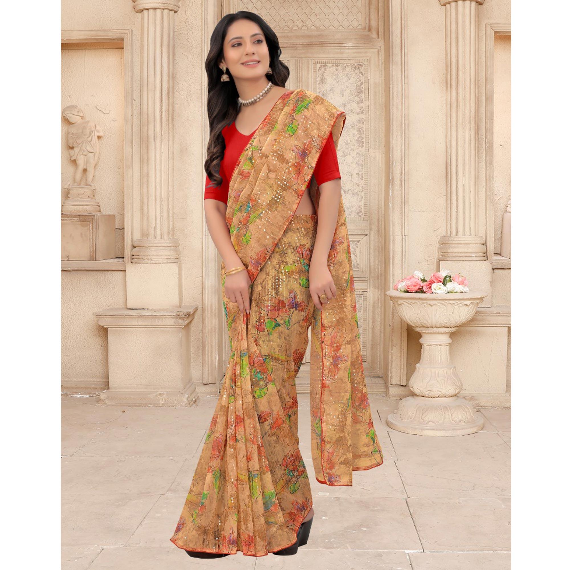 Beige Festive Wear Floral Printed With Sequence Georgette Saree - Peachmode