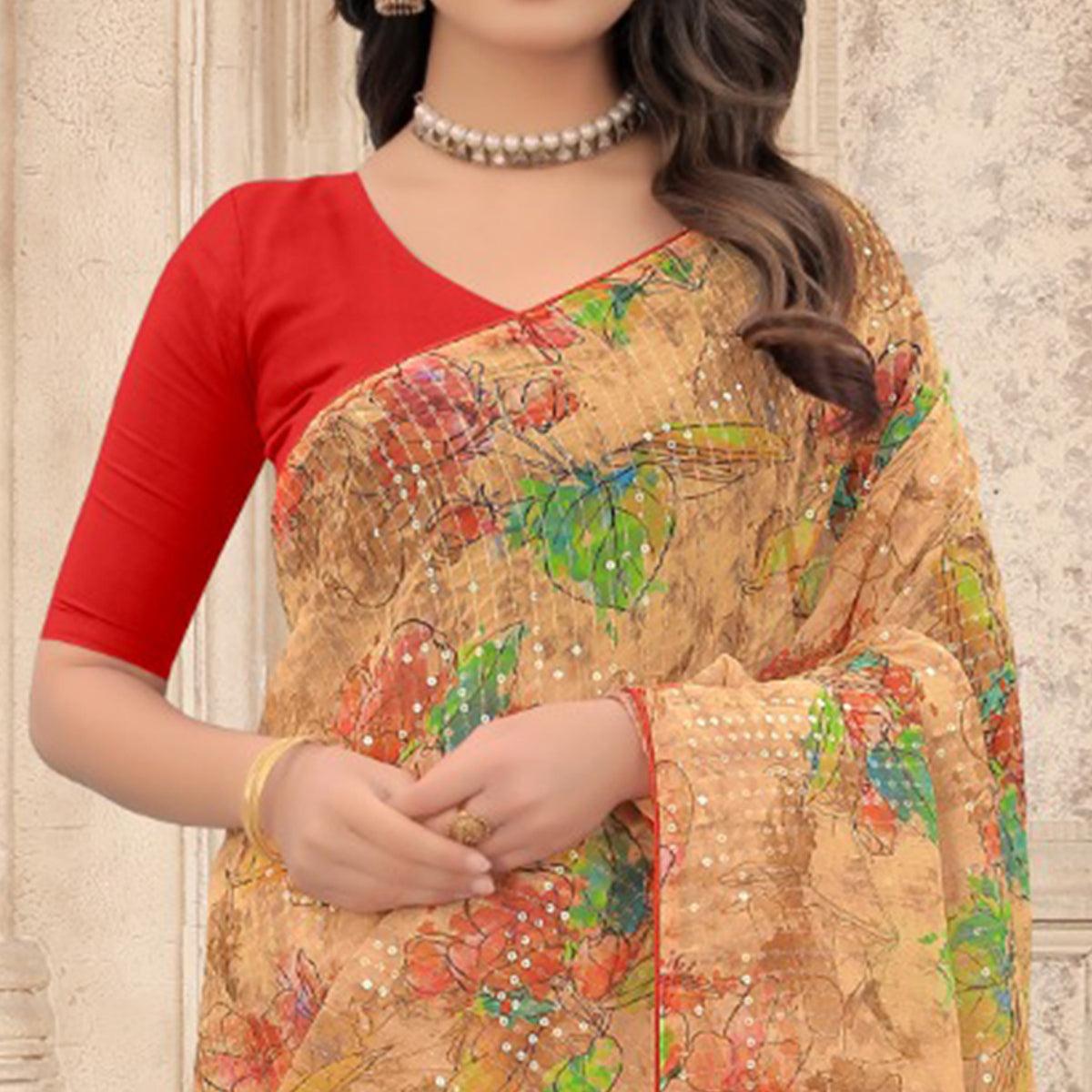Beige Festive Wear Floral Printed With Sequence Georgette Saree - Peachmode