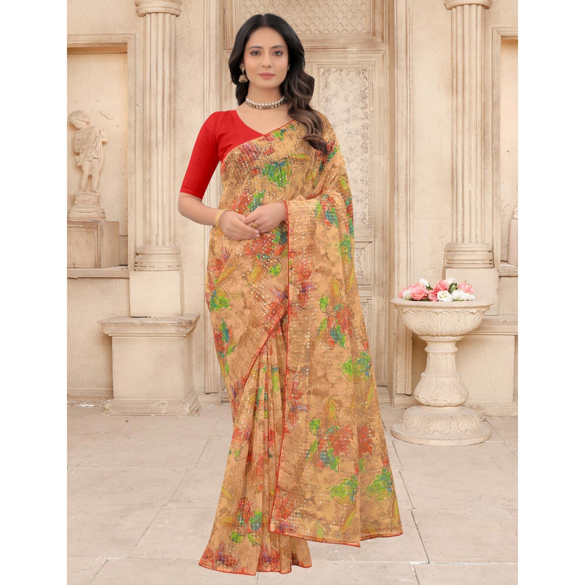 Beige Festive Wear Floral Printed With Sequence Georgette Saree - Peachmode