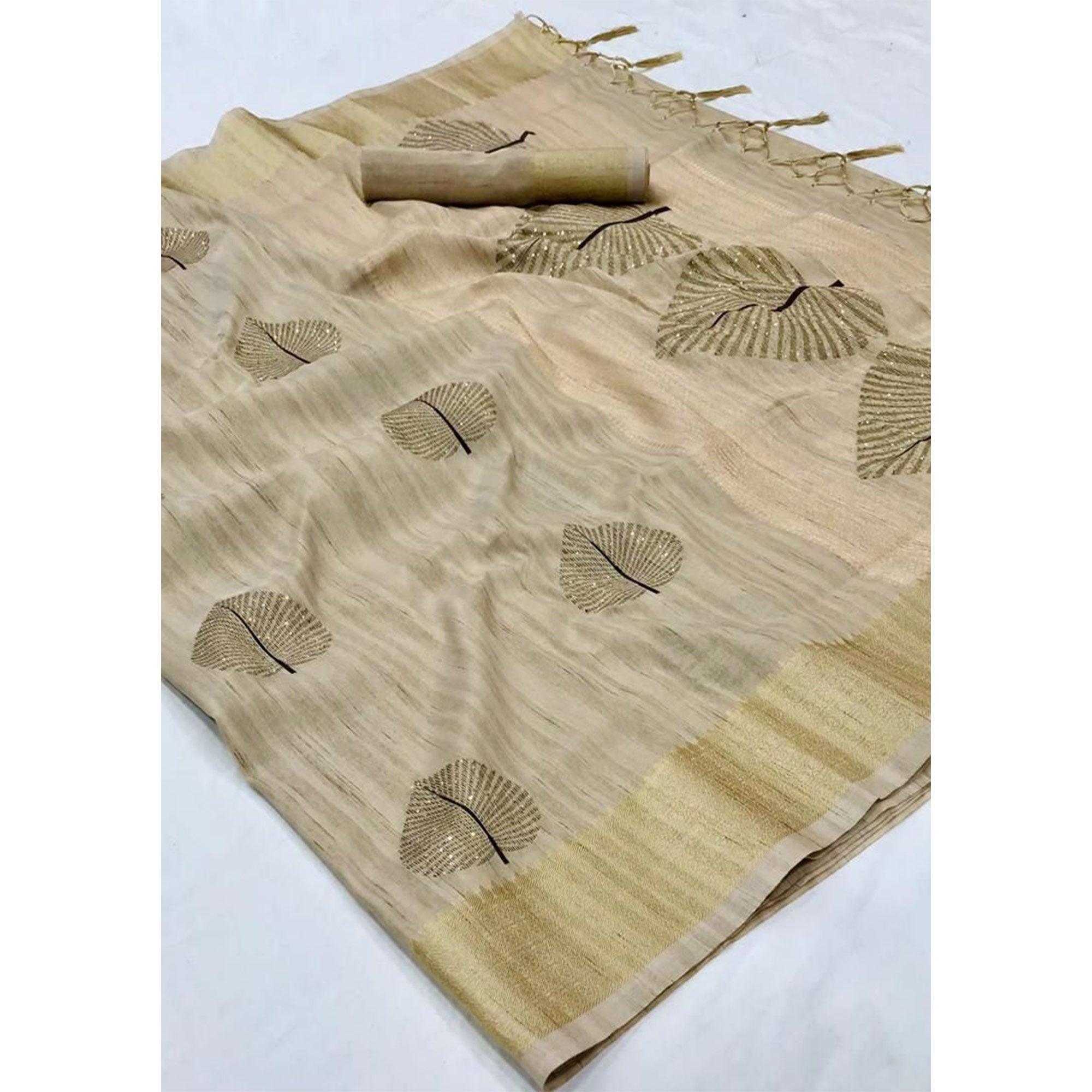 Beige Festive Wear Handloom Sequence Silk Saree - Peachmode