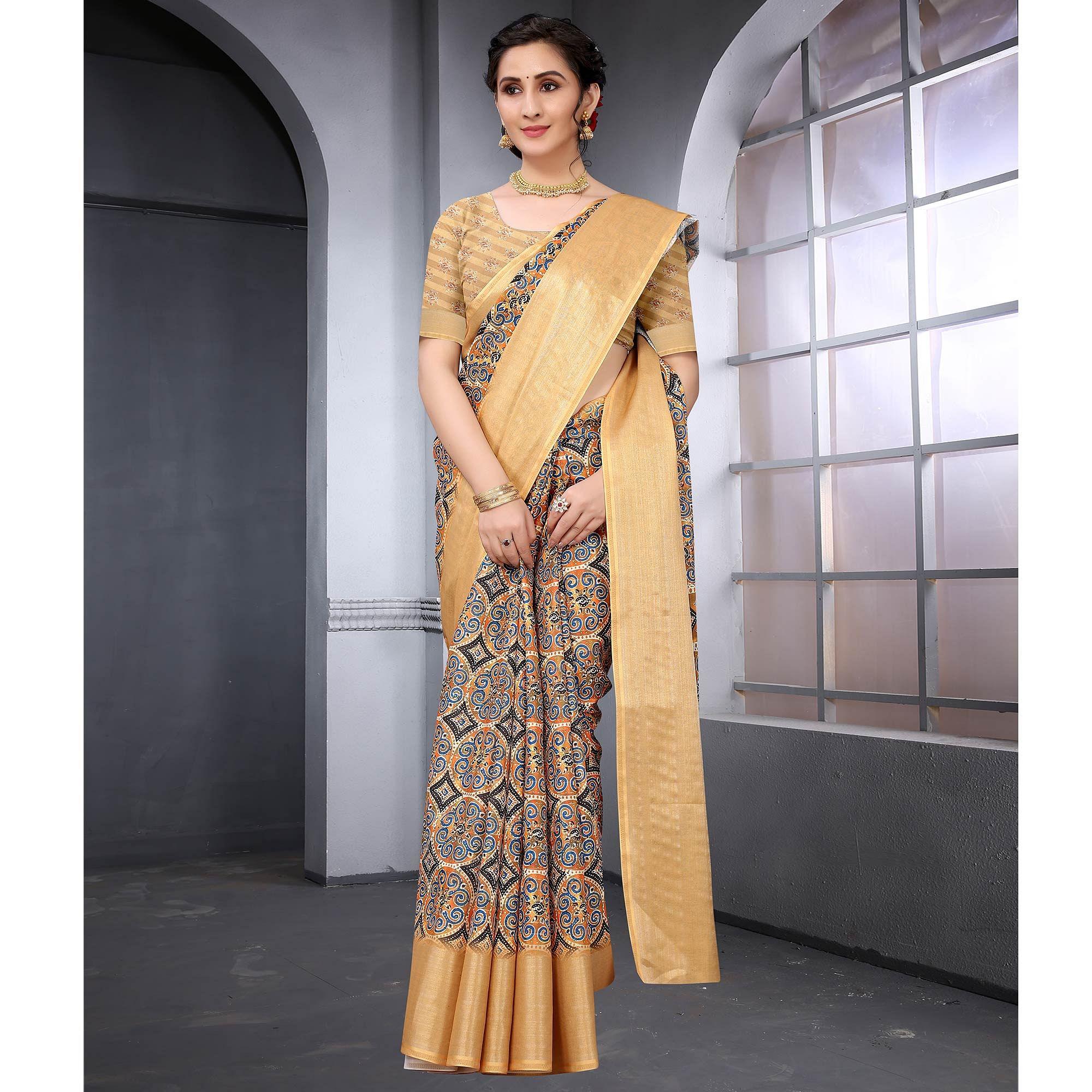 Beige Festive Wear Printed Art Silk Saree - Peachmode