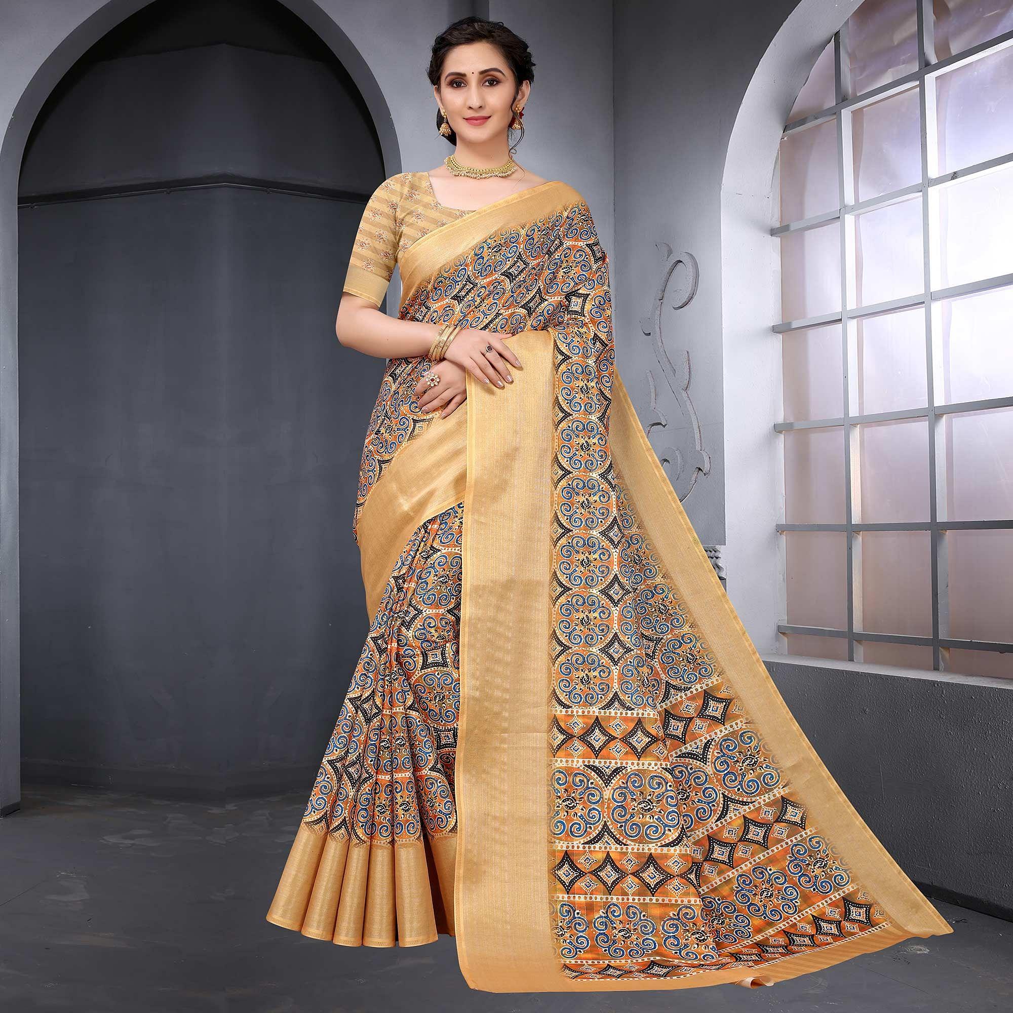 Beige Festive Wear Printed Art Silk Saree - Peachmode