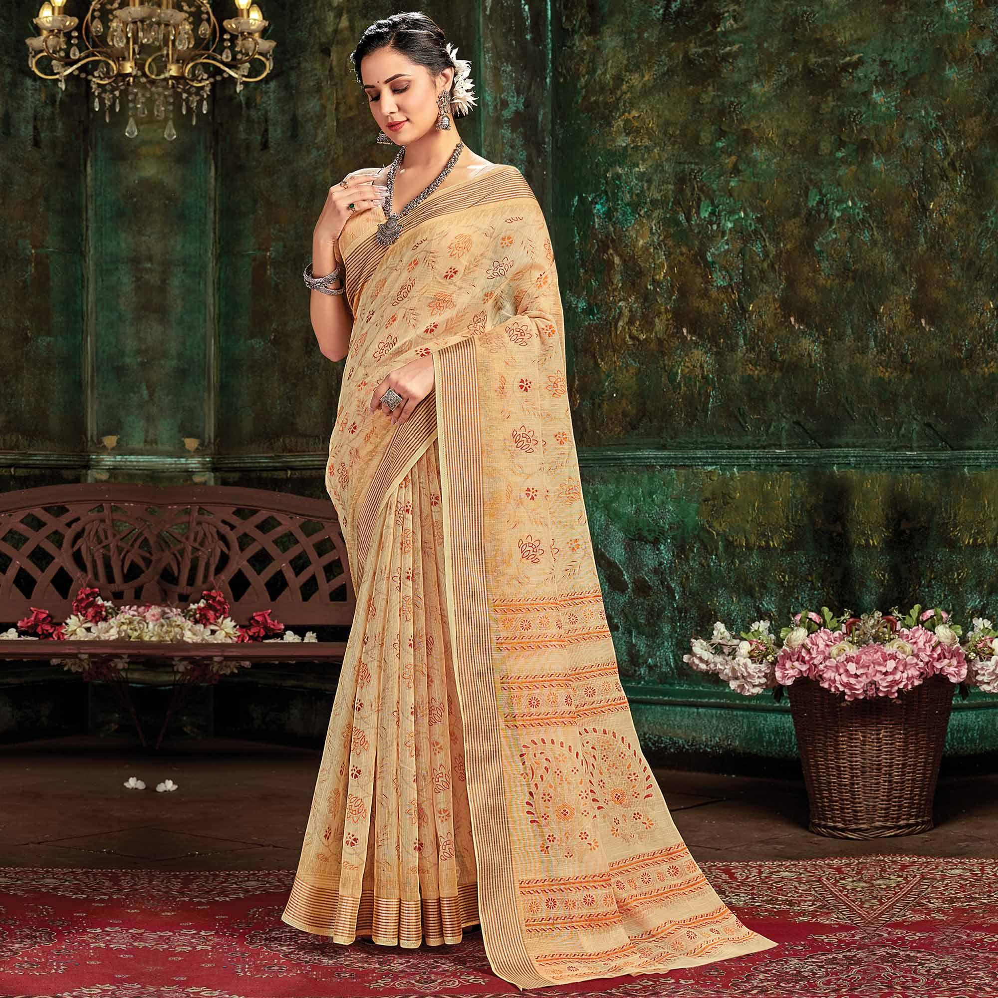 Beige Festive Wear Printed Cotton Saree - Peachmode