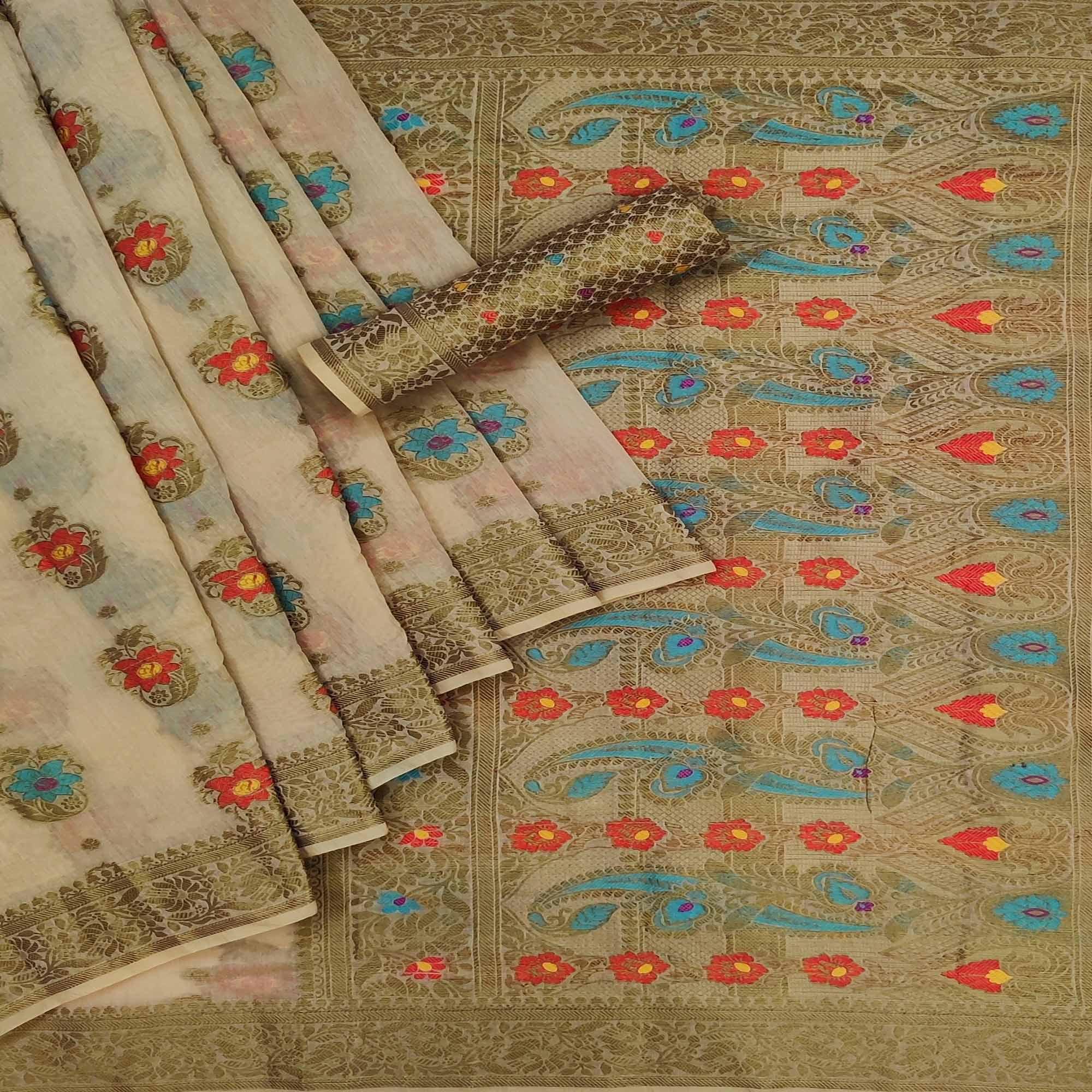 Beige Festive Wear Printed Cotton Saree - Peachmode