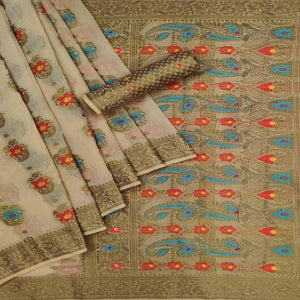 Beige Festive Wear Printed Cotton Saree - Peachmode