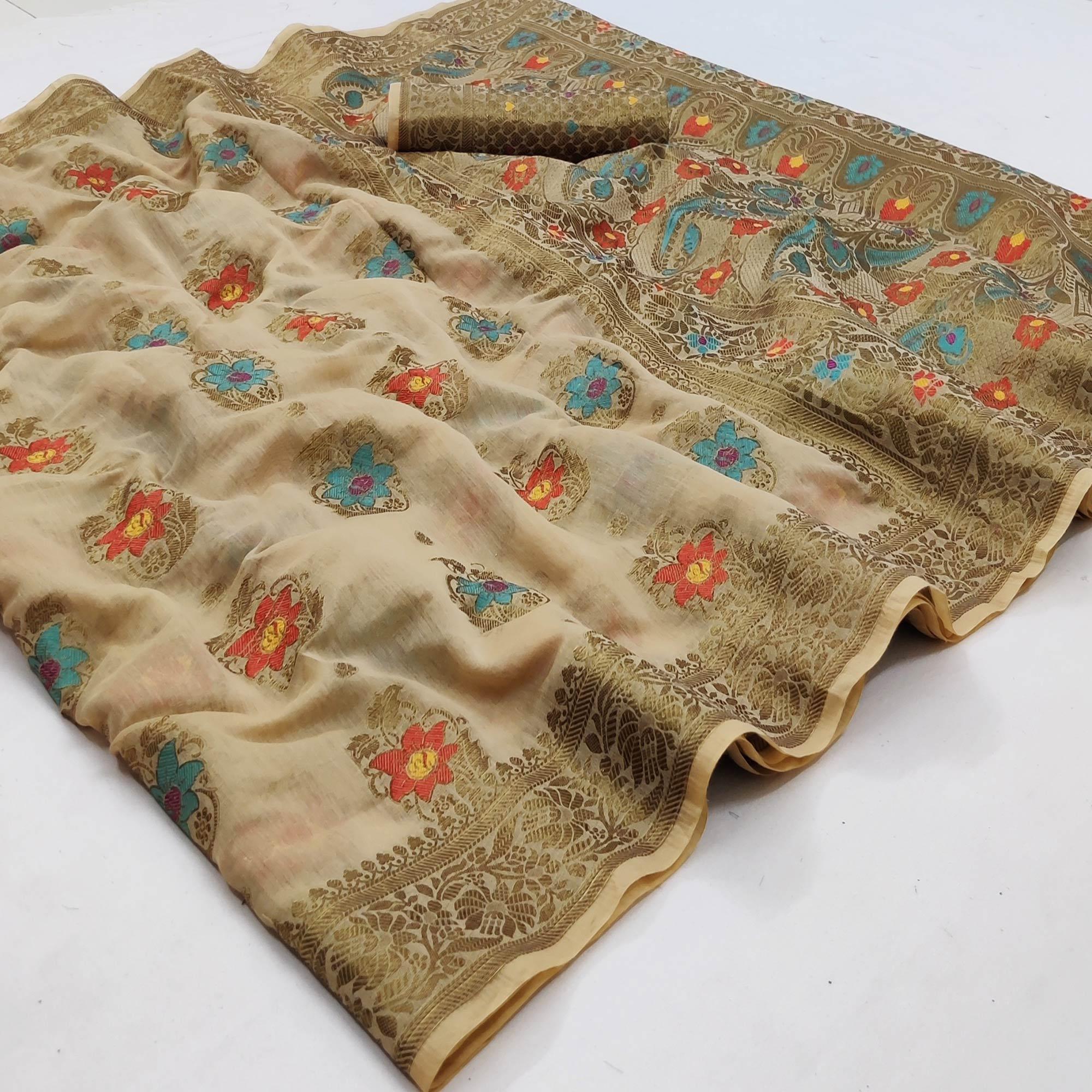 Beige Festive Wear Printed Cotton Saree - Peachmode