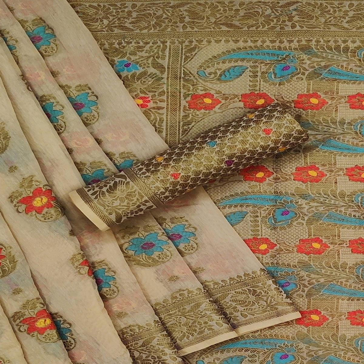 Beige Festive Wear Printed Cotton Saree - Peachmode