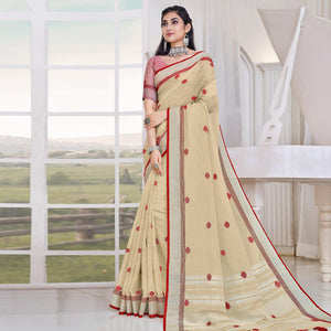 Beige Festive Wear Printed Linen Saree - Peachmode