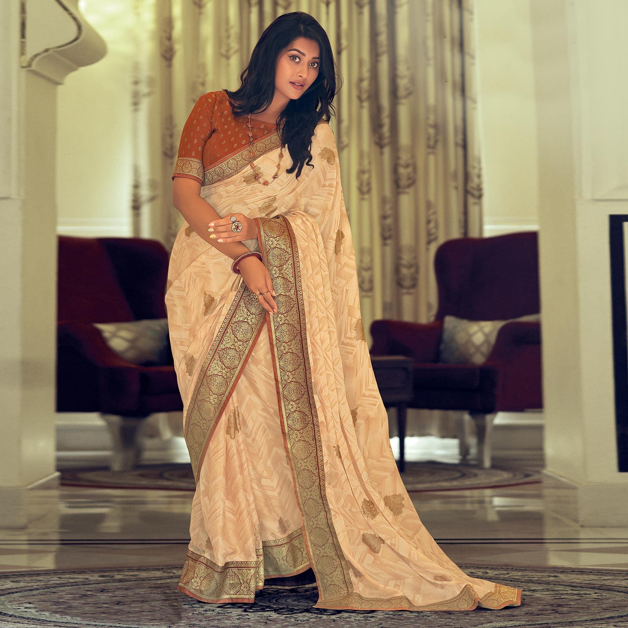 Beige Festive Wear Printed Silk Saree With Big Border - Peachmode