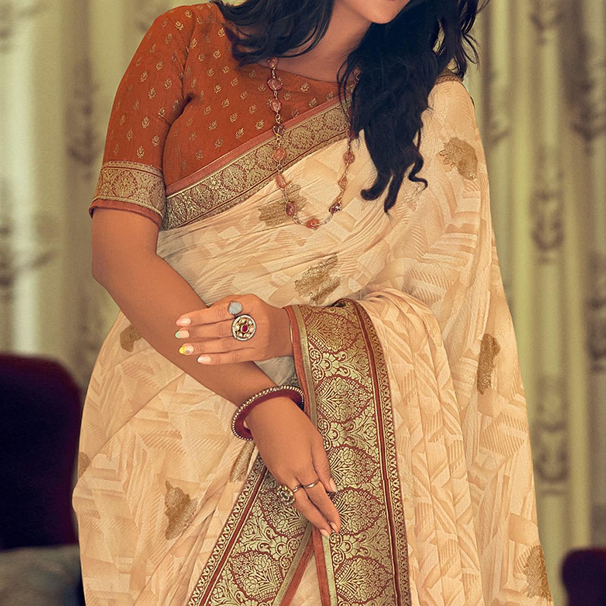 Beige Festive Wear Printed Silk Saree With Big Border - Peachmode
