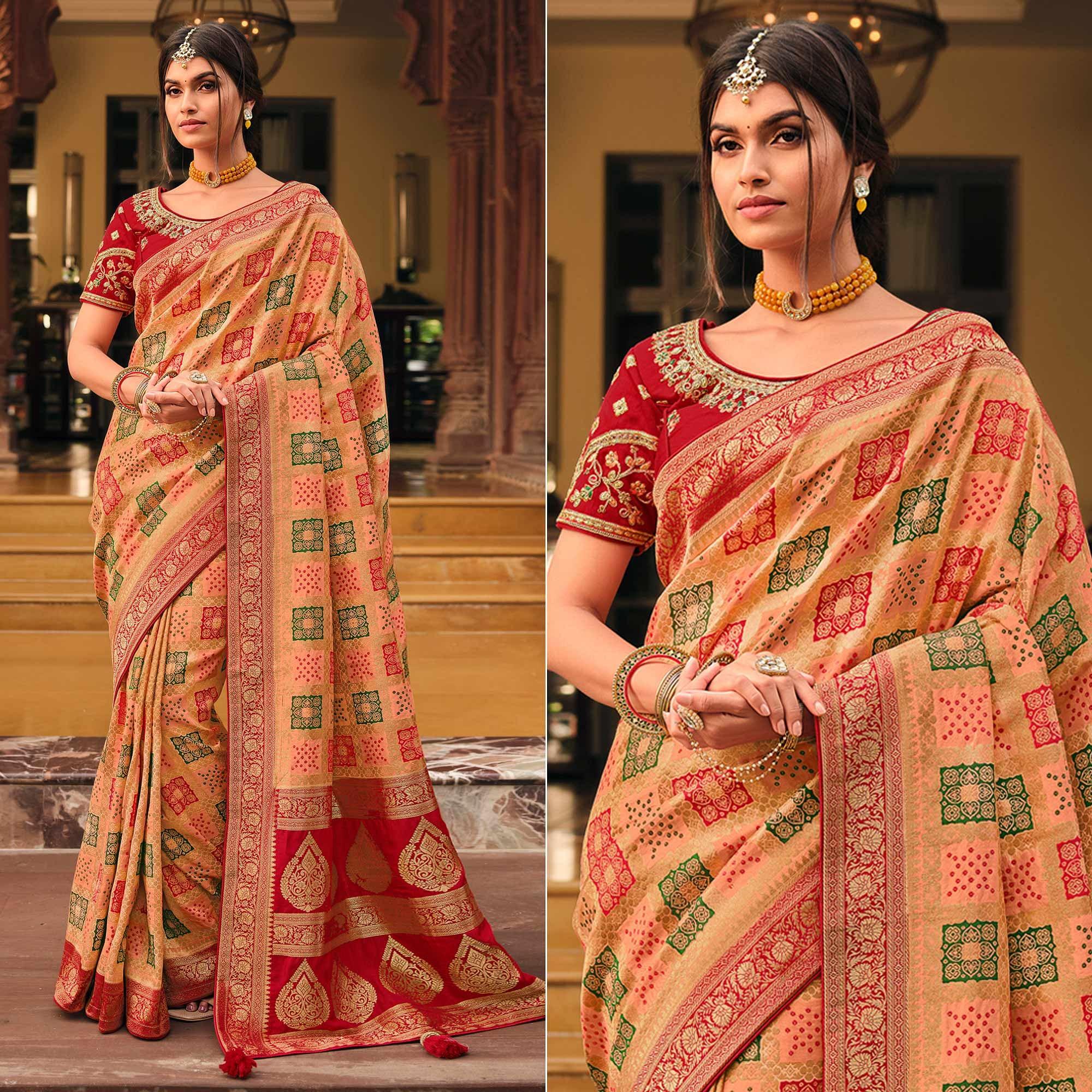 Beige Festive Wear Printed Woven Silk Saree - Peachmode