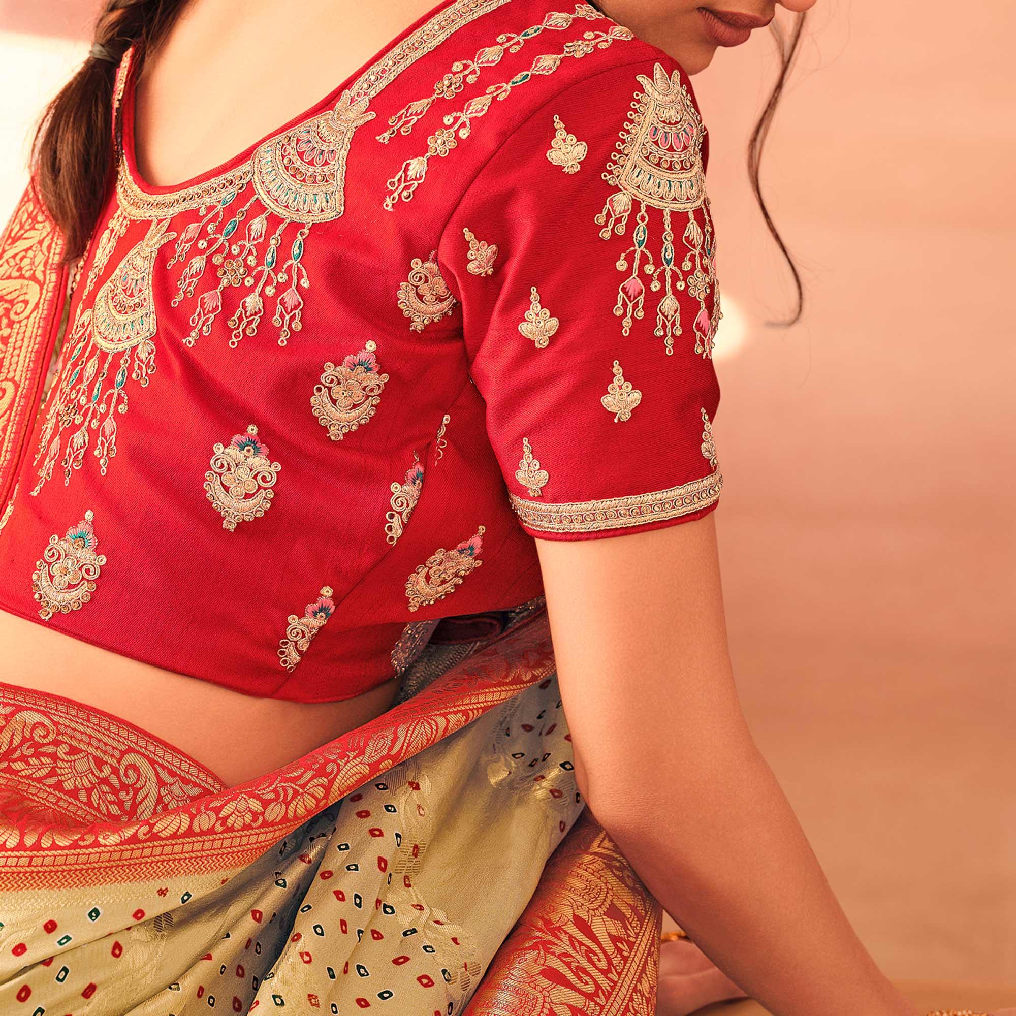 Beige Festive Wear Printed Woven Silk Saree - Peachmode