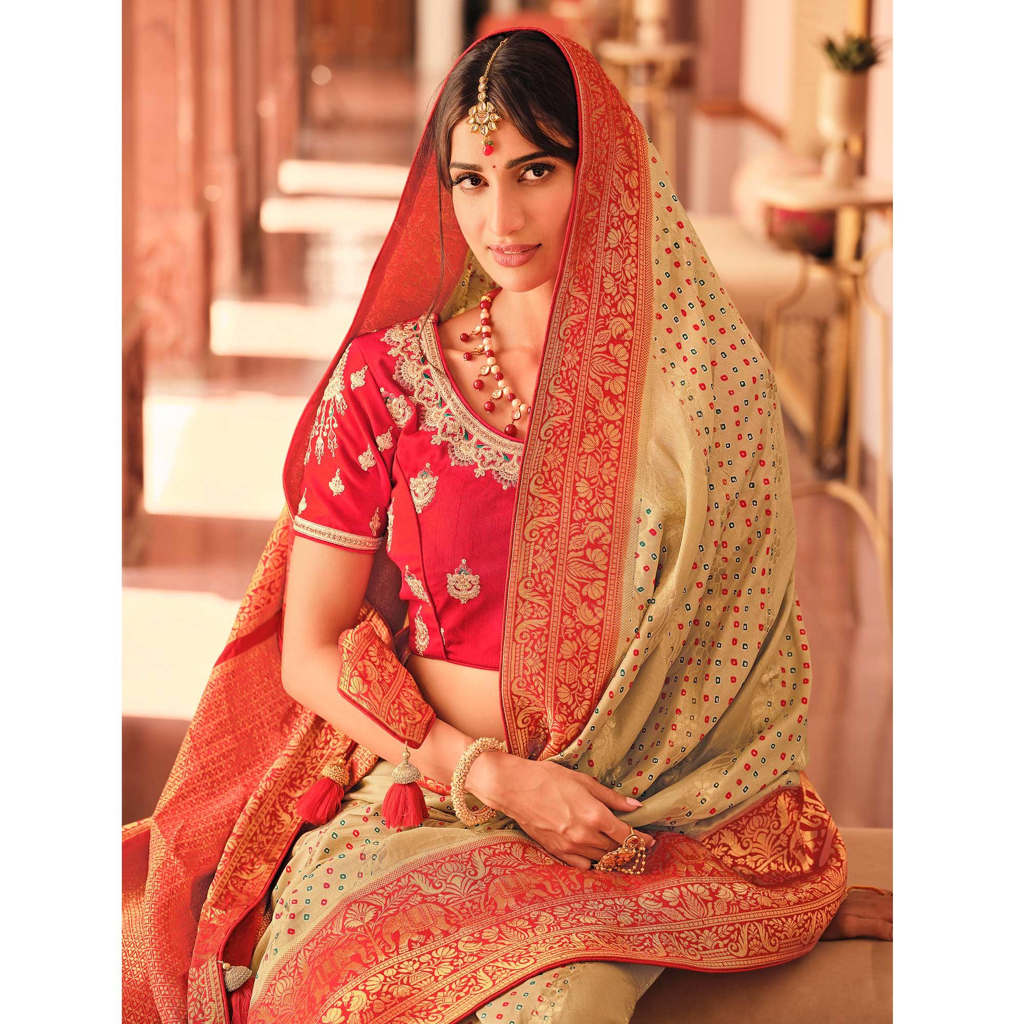 Beige Festive Wear Printed Woven Silk Saree - Peachmode