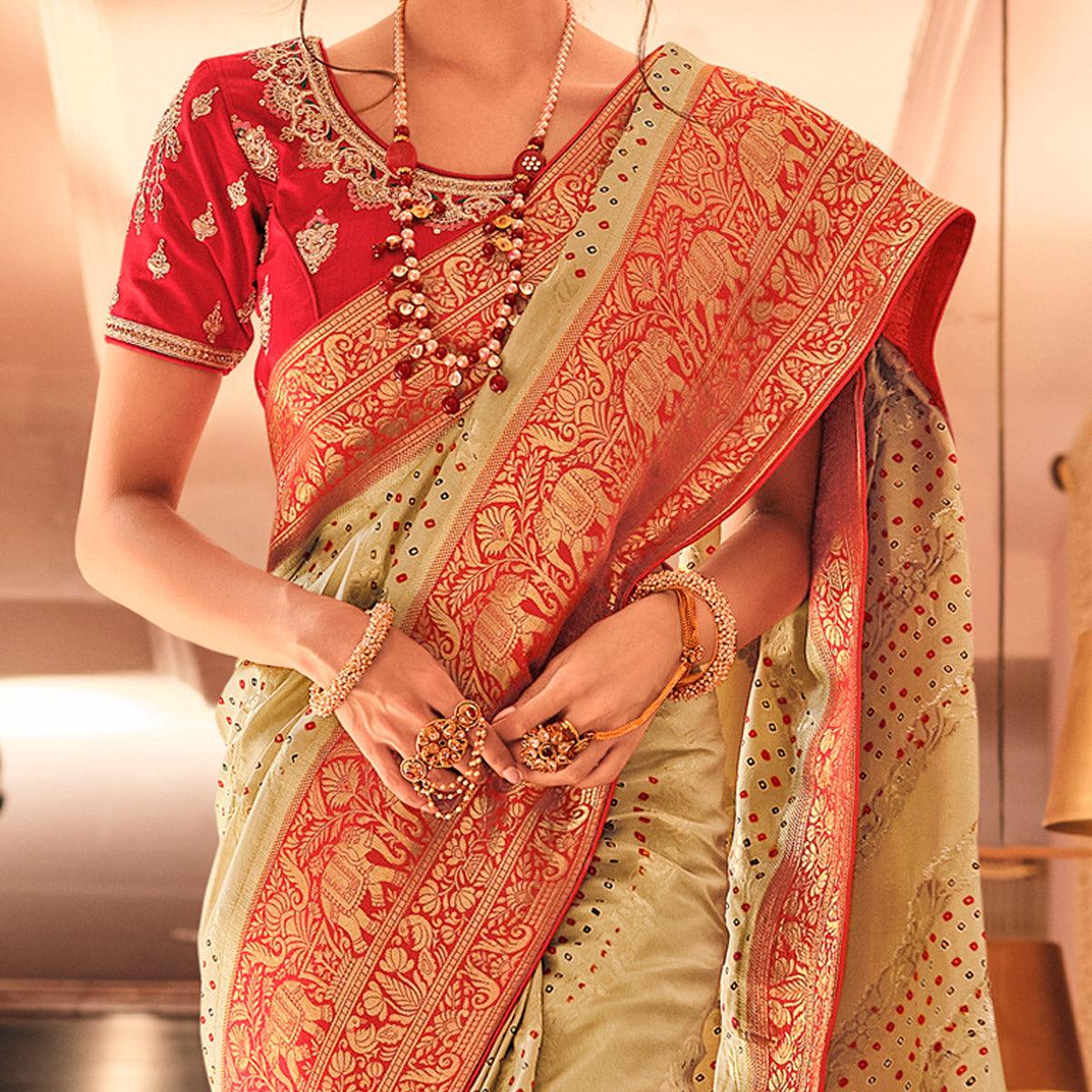 Beige Festive Wear Printed Woven Silk Saree - Peachmode