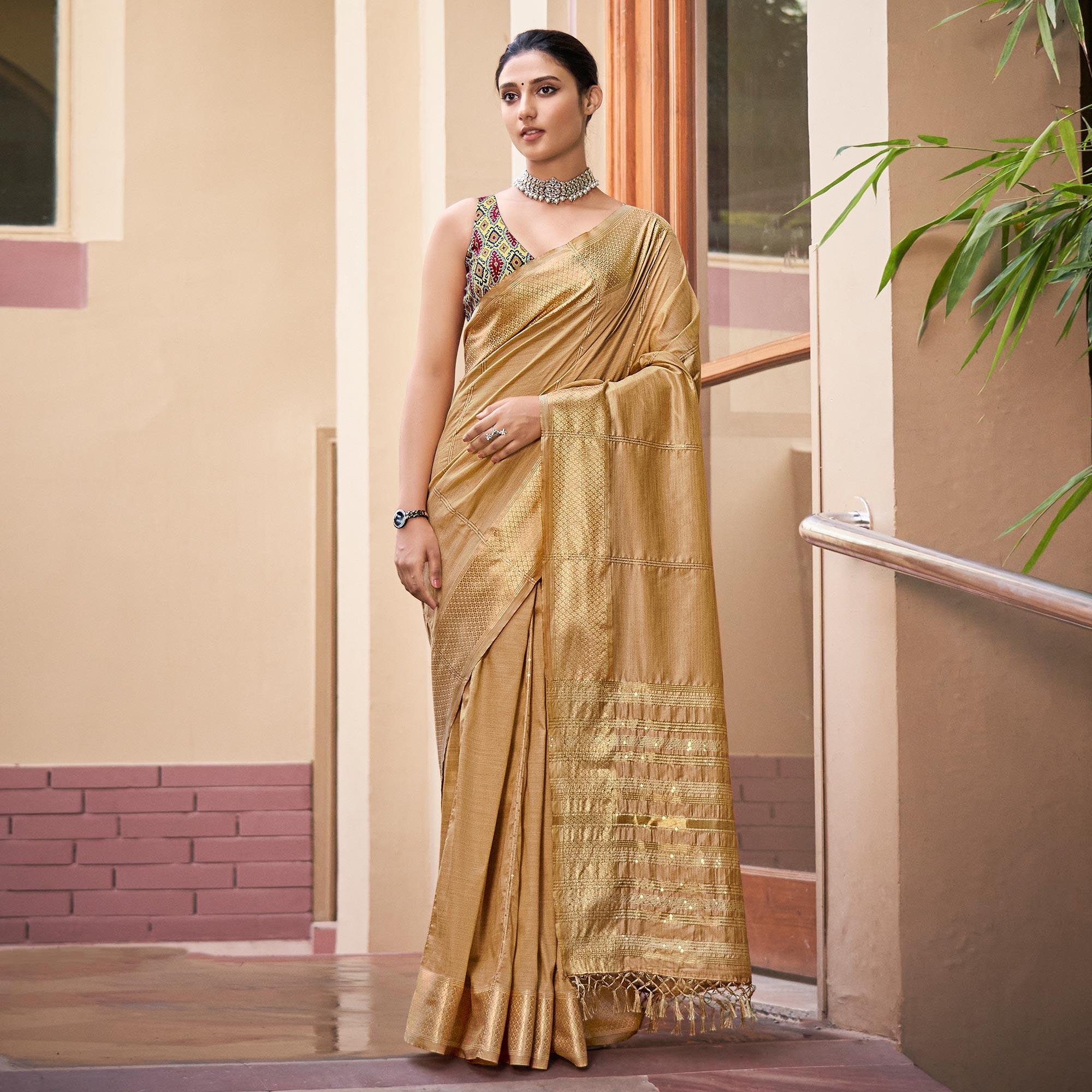 Beige Festive Wear Sequence Digital Work Silk Saree - Peachmode