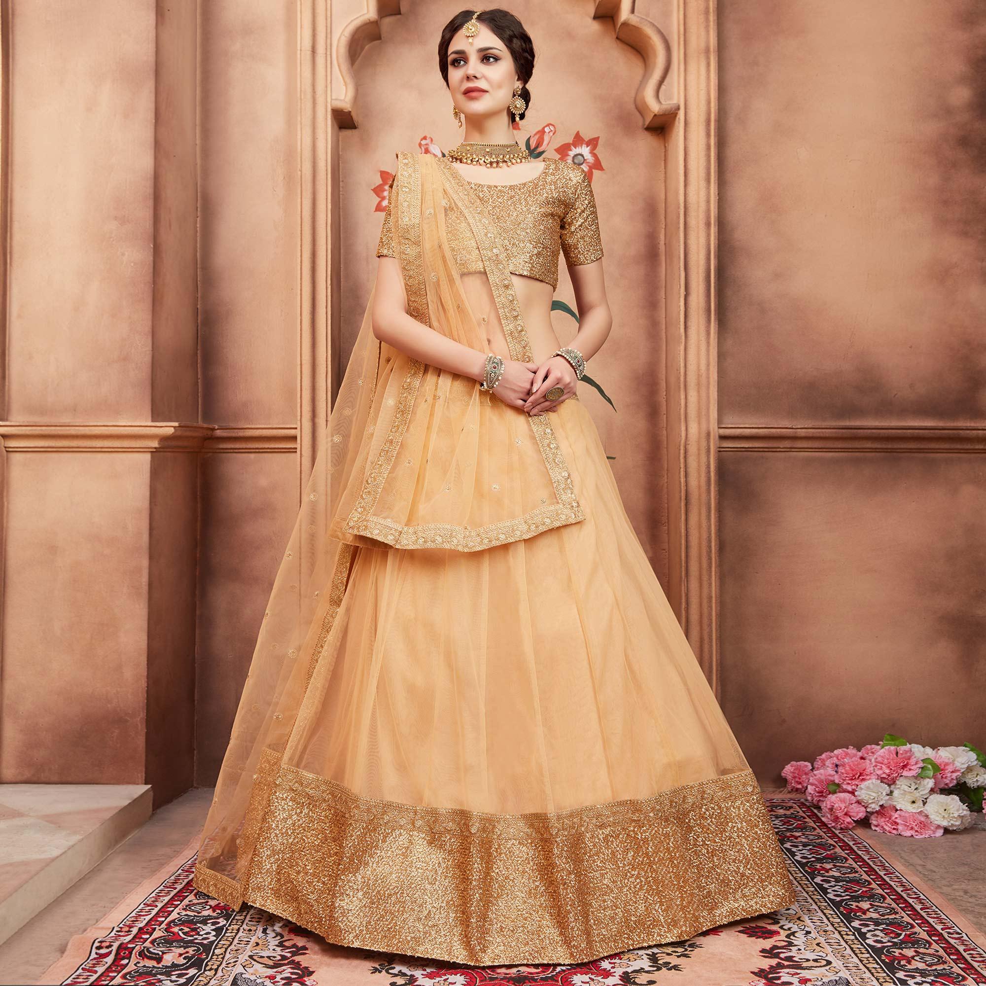 Beige Festive Wear Sequence Dori Work Soft Net Lehenga Choli - Peachmode