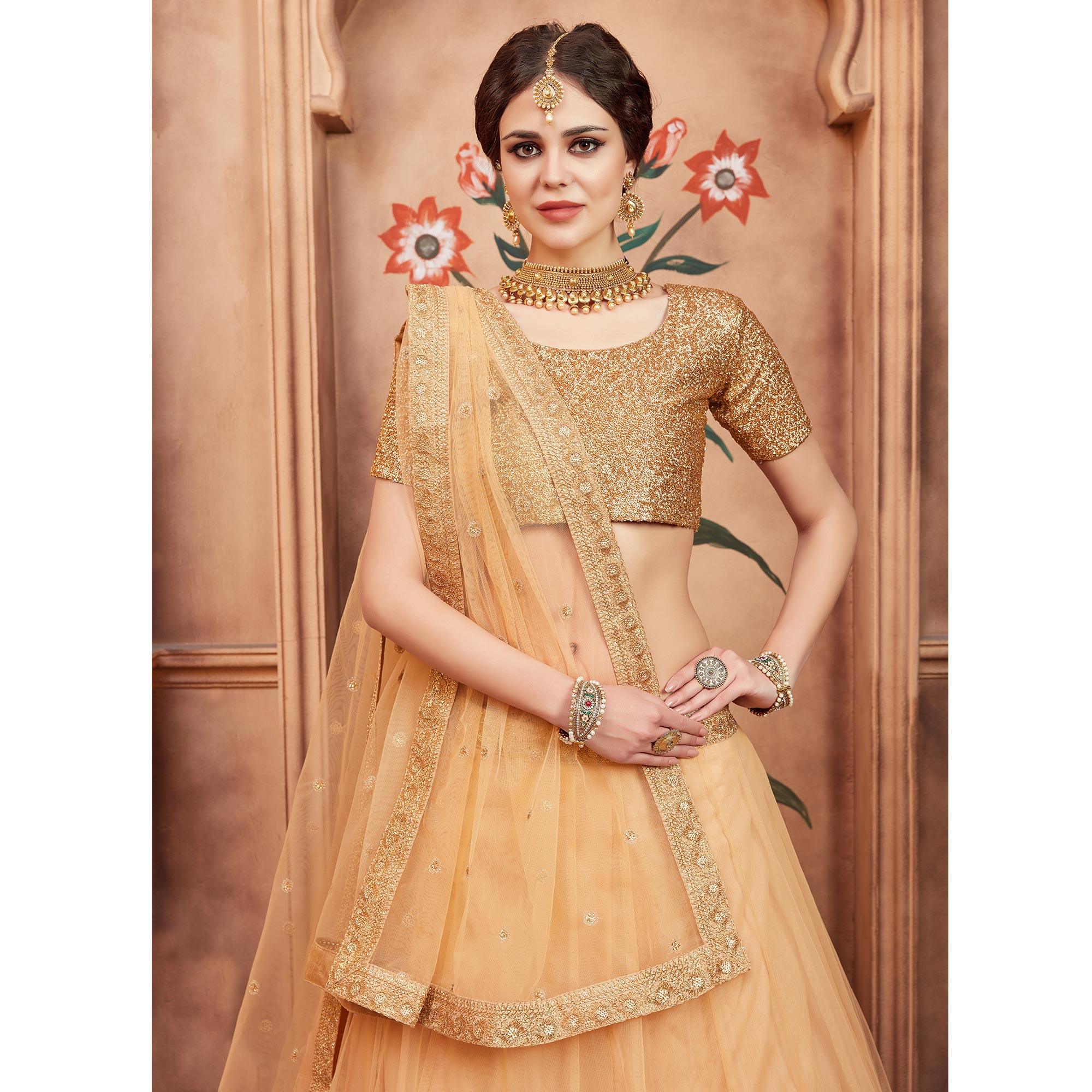 Beige Festive Wear Sequence Dori Work Soft Net Lehenga Choli - Peachmode