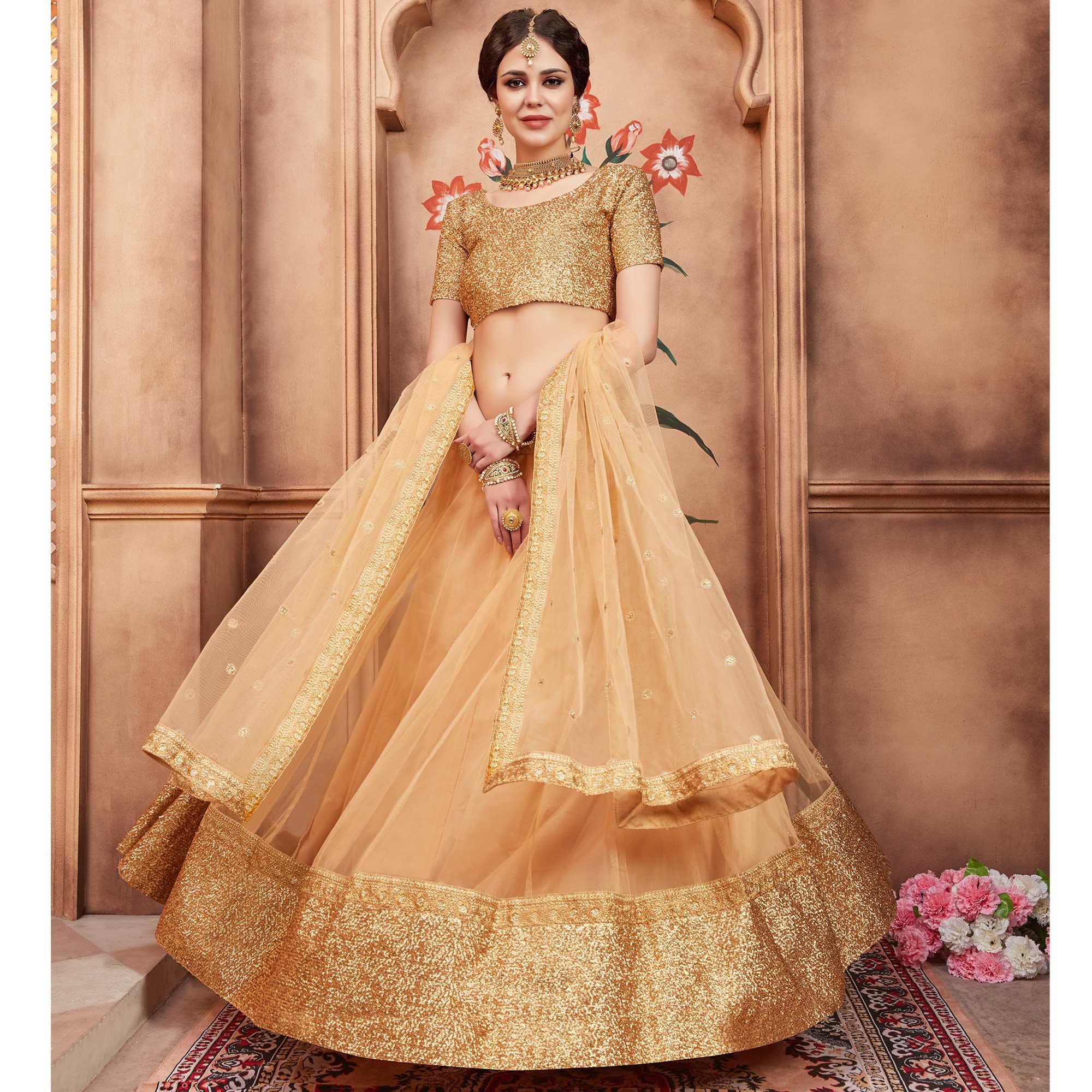 Beige Festive Wear Sequence Dori Work Soft Net Lehenga Choli - Peachmode