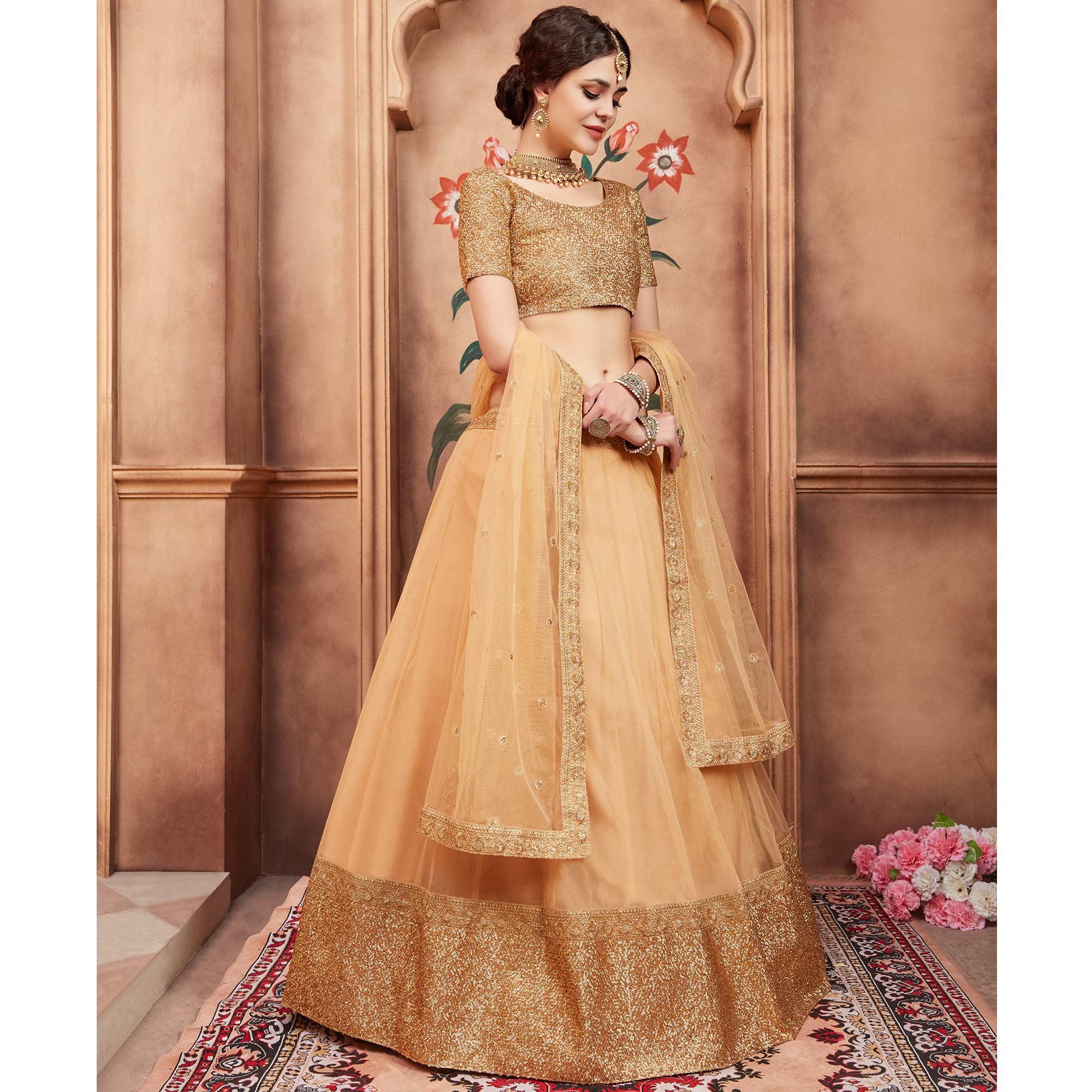 Beige Festive Wear Sequence Dori Work Soft Net Lehenga Choli - Peachmode
