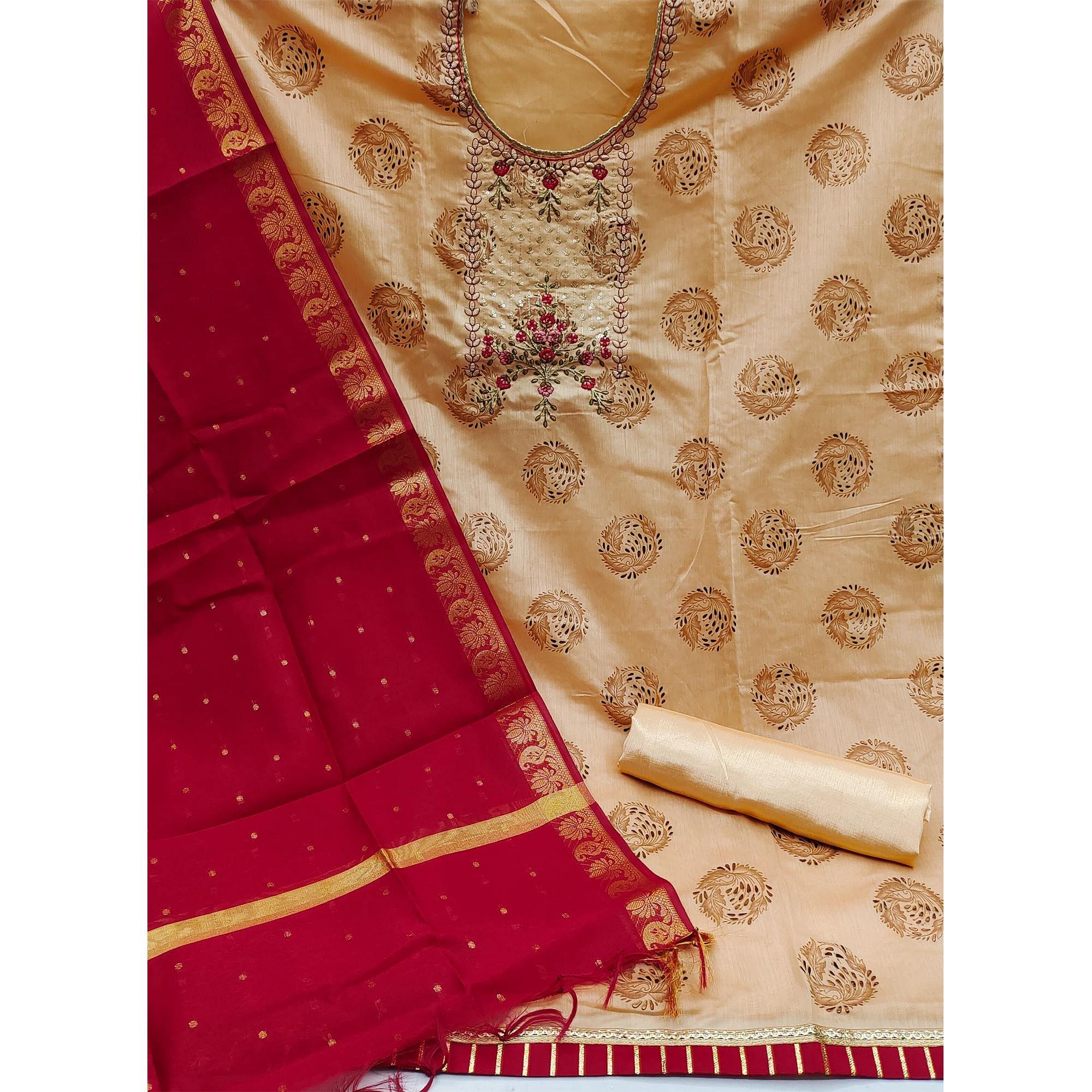 Beige Festive Wear Sequence Embroidered Art Silk Dress Material - Peachmode