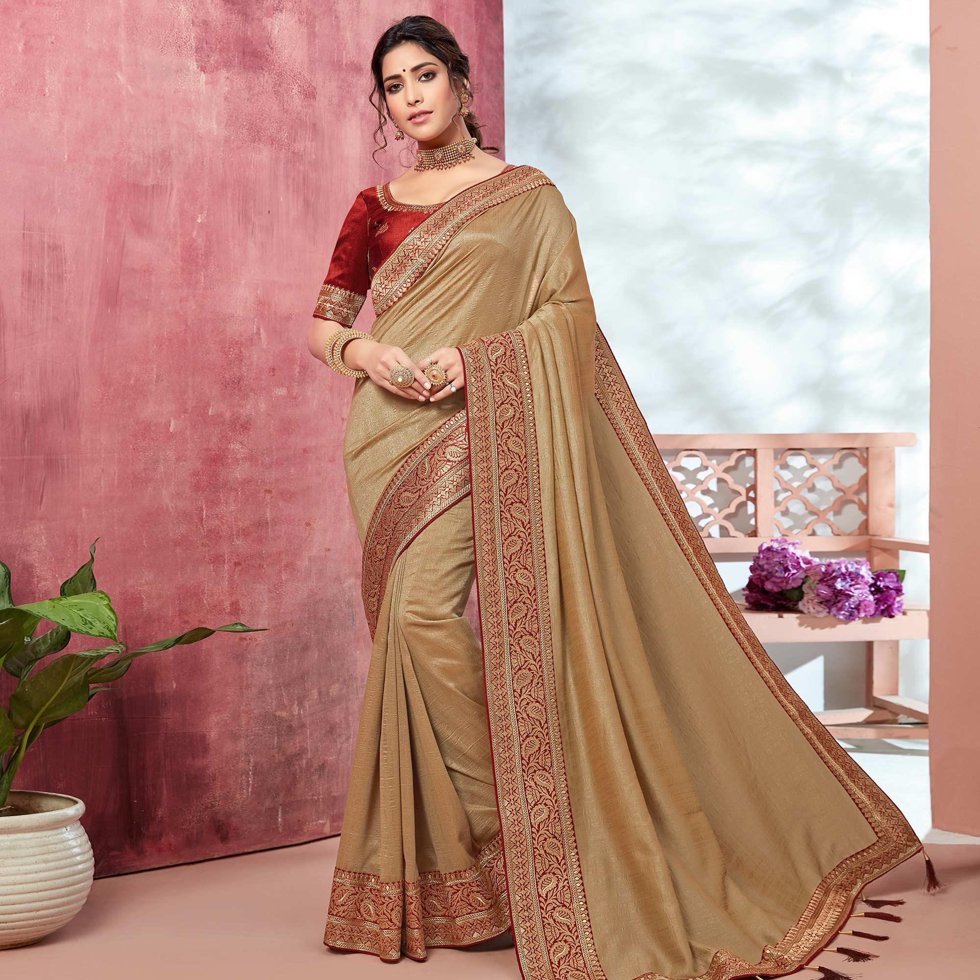 Beige Festive Wear Silk Saree With Embroidered Border - Peachmode