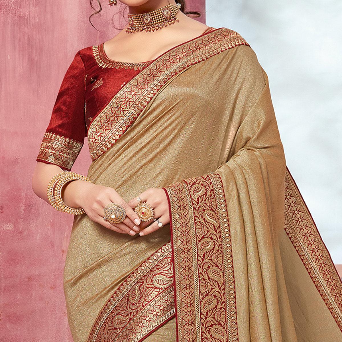 Beige Festive Wear Silk Saree With Embroidered Border - Peachmode