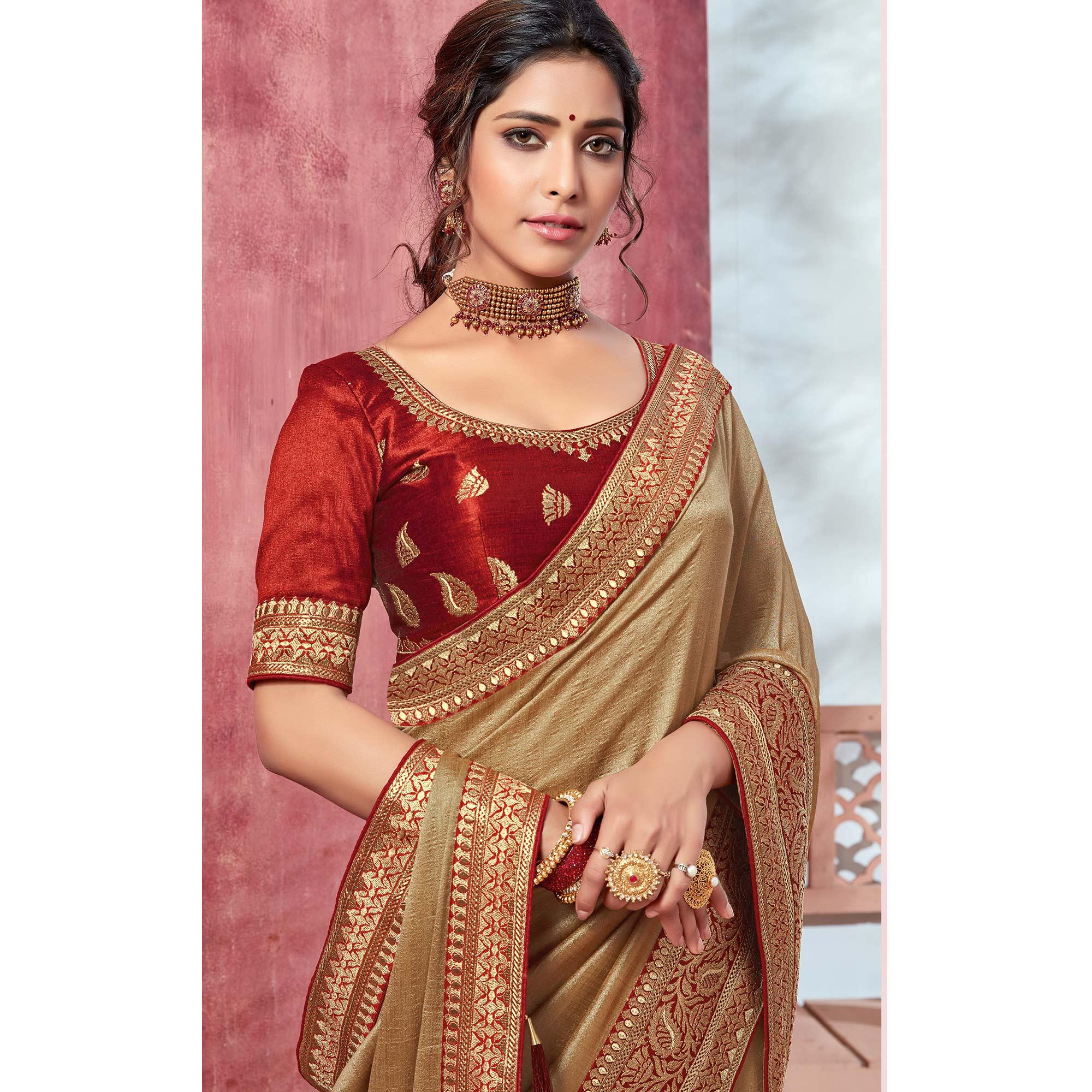 Beige Festive Wear Silk Saree With Embroidered Border - Peachmode