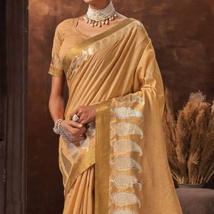 Beige Festive Wear Solid Cotton Saree - Peachmode