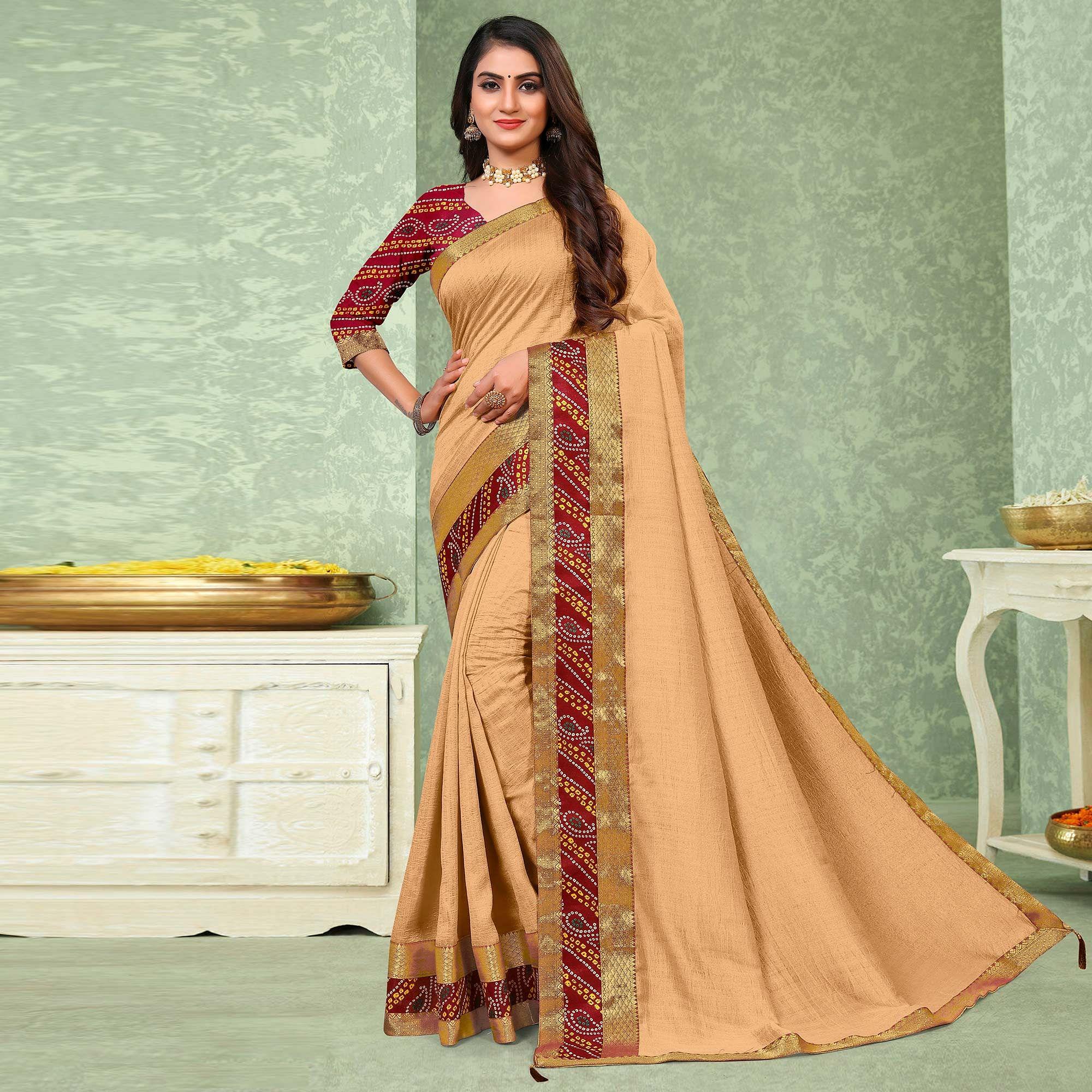 Beige Festive Wear Solid Vichitra Silk Saree - Peachmode
