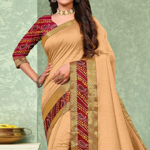 Beige Festive Wear Solid Vichitra Silk Saree - Peachmode