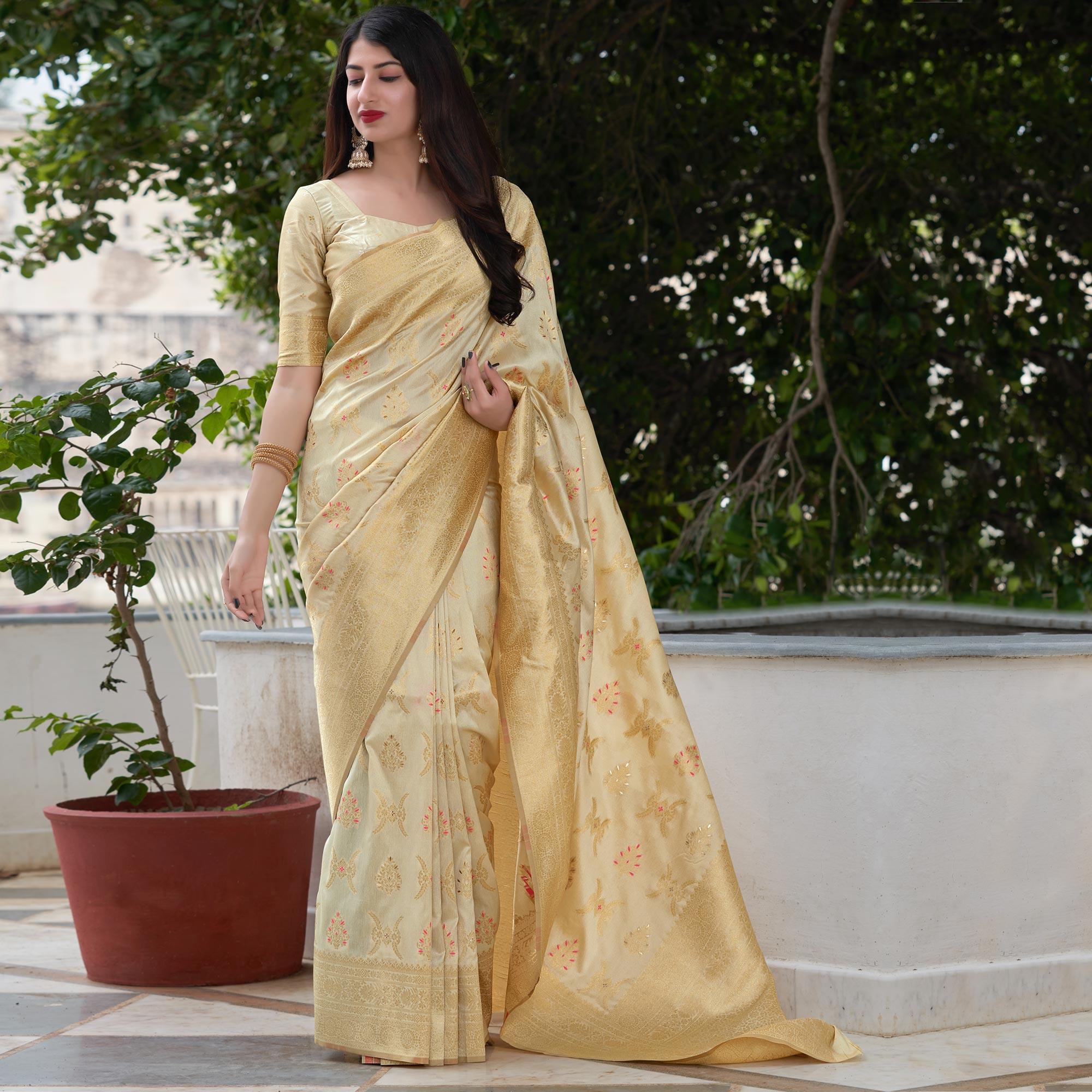 Beige Festive Wear Woven Banarasi Art Silk Saree - Peachmode