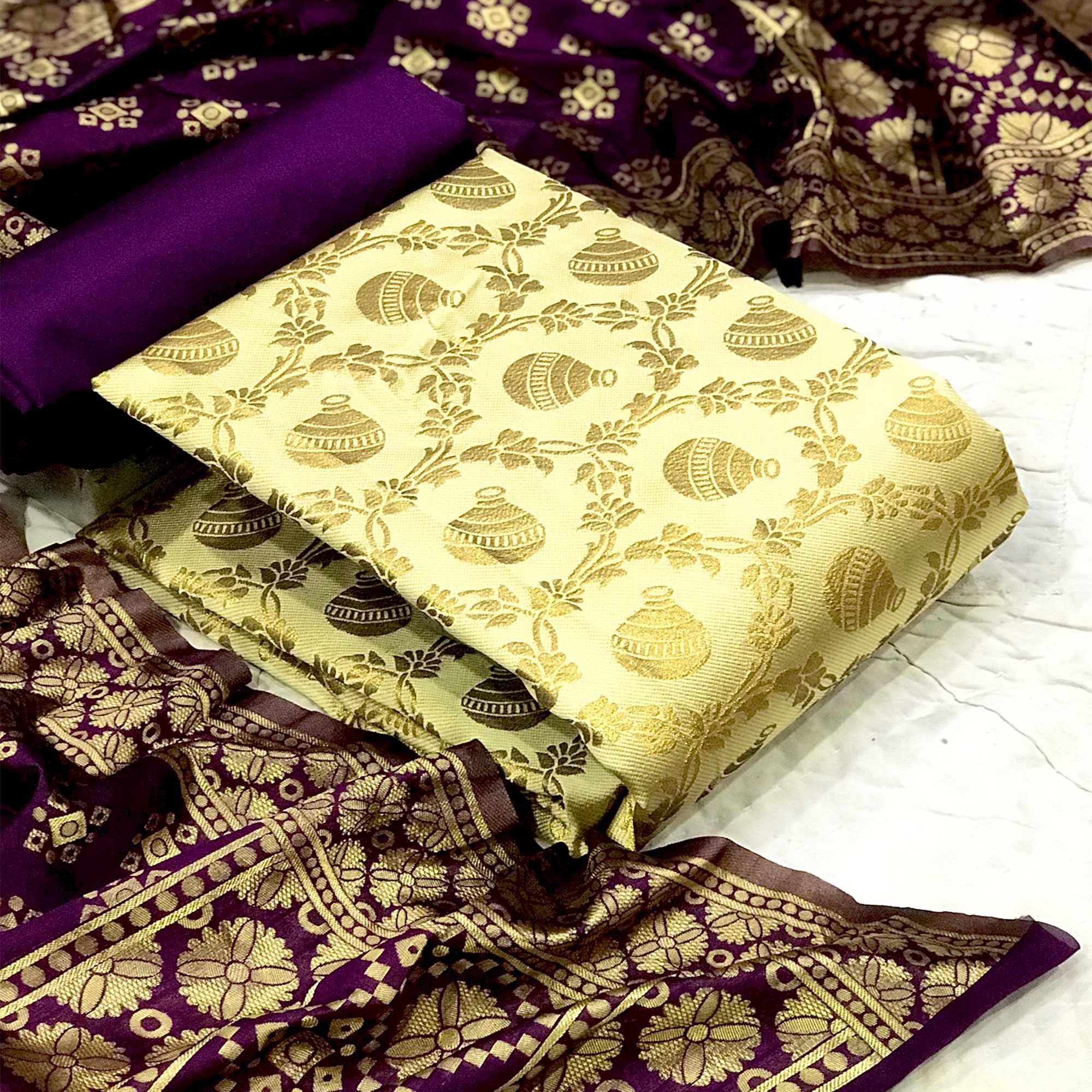 Beige Festive Wear Woven Banarasi Silk Dress Material - Peachmode
