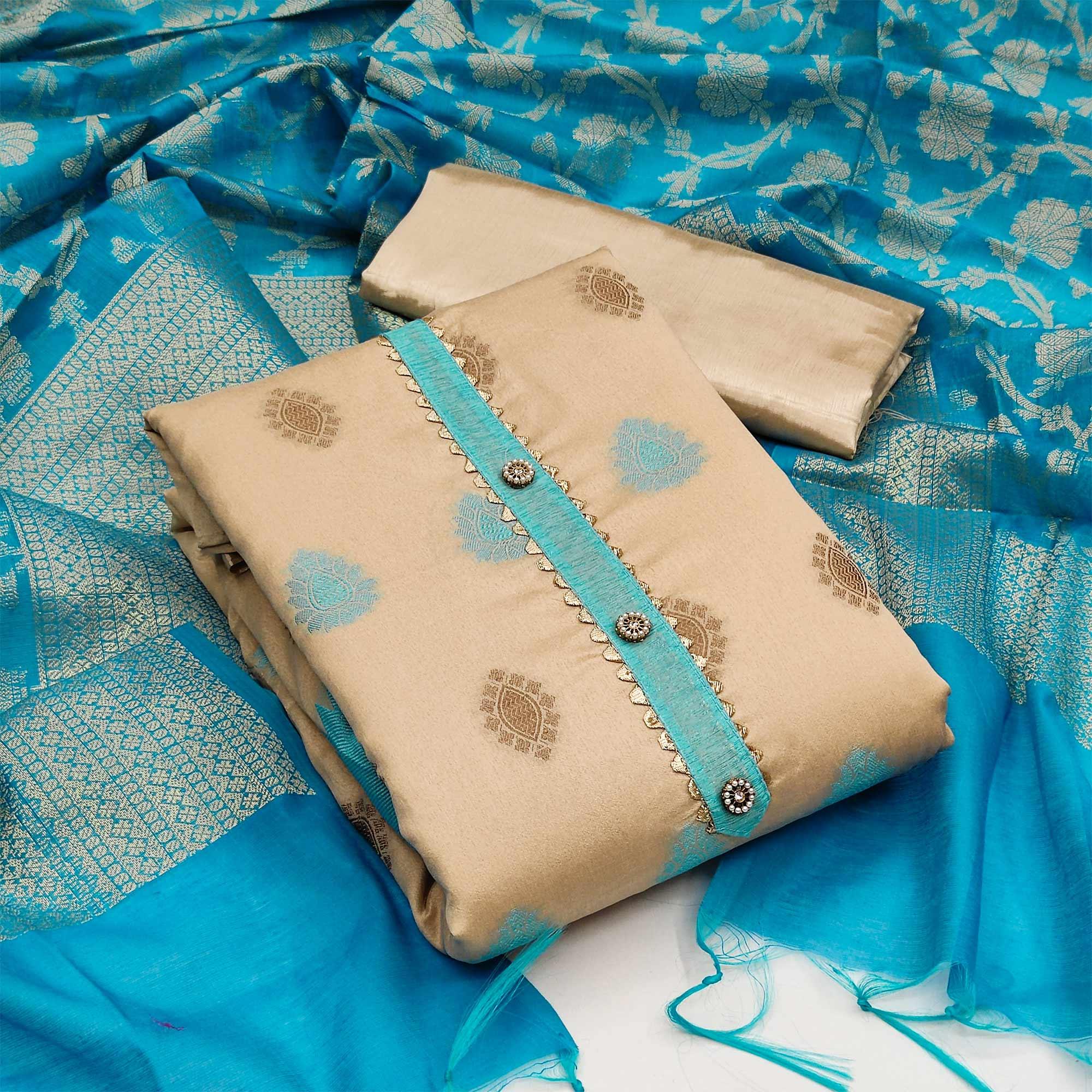 Beige Festive Wear Woven Banarasi Silk Jacquard Dress Material - Peachmode