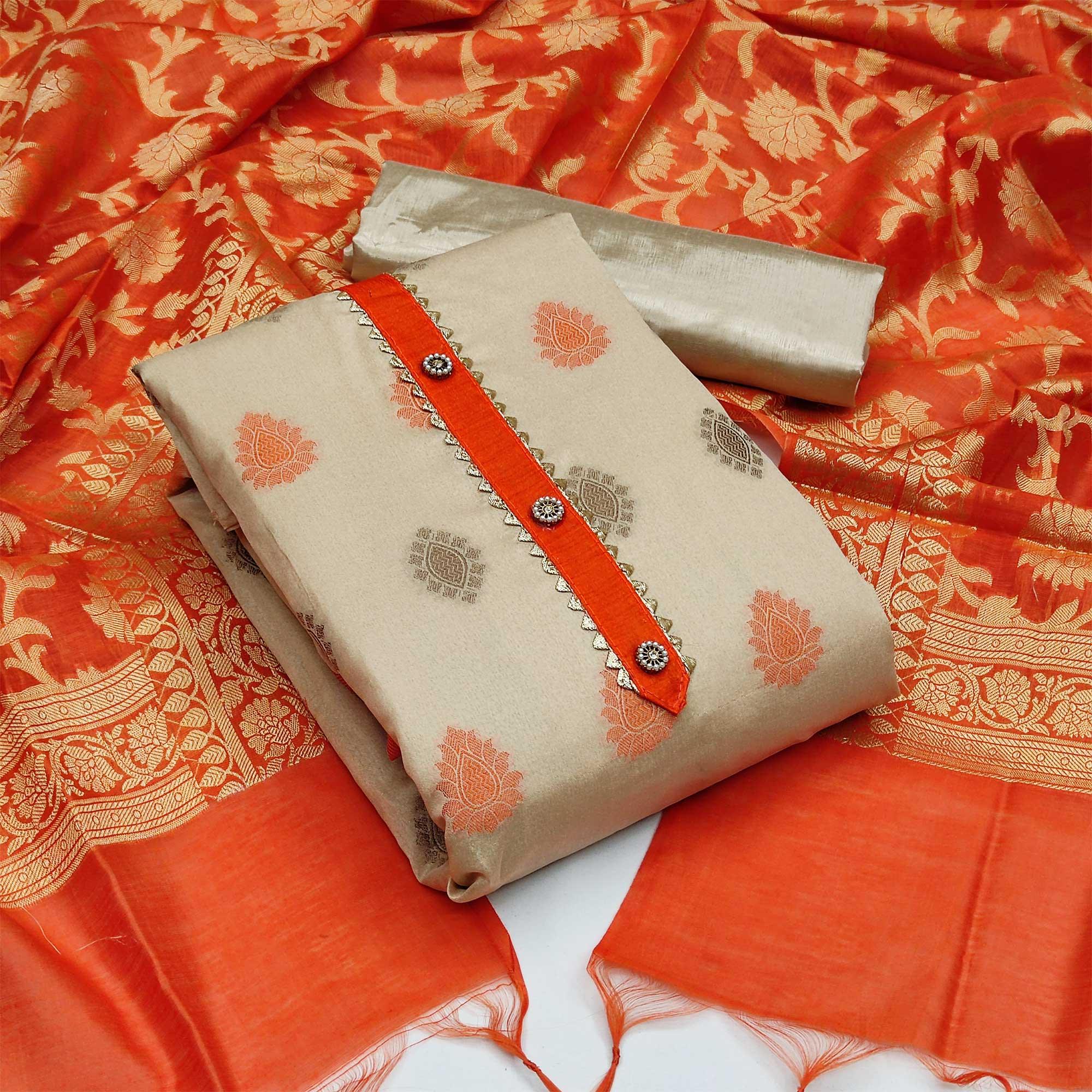 Beige Festive Wear Woven Banarasi Silk Jacquard Dress Material - Peachmode