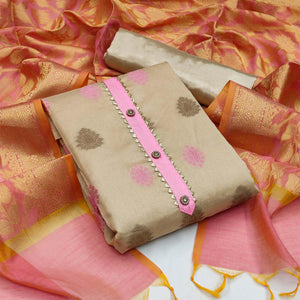 Beige Festive Wear Woven Banarasi Silk Jacquard Dress Material - Peachmode
