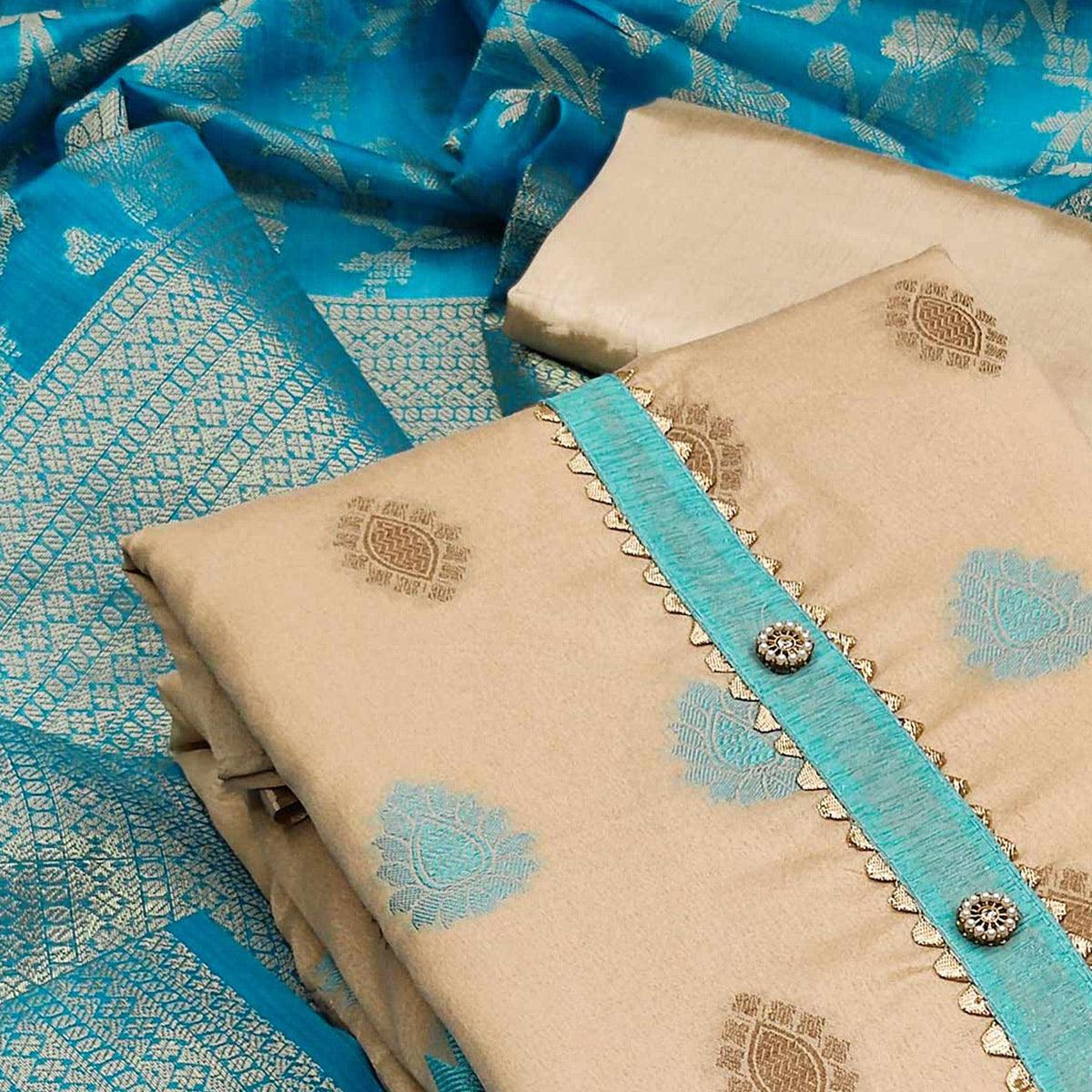 Beige Festive Wear Woven Banarasi Silk Jacquard Dress Material - Peachmode