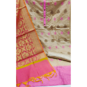 Beige Festive Wear Woven Banarasi Silk Jacquard Dress Material - Peachmode