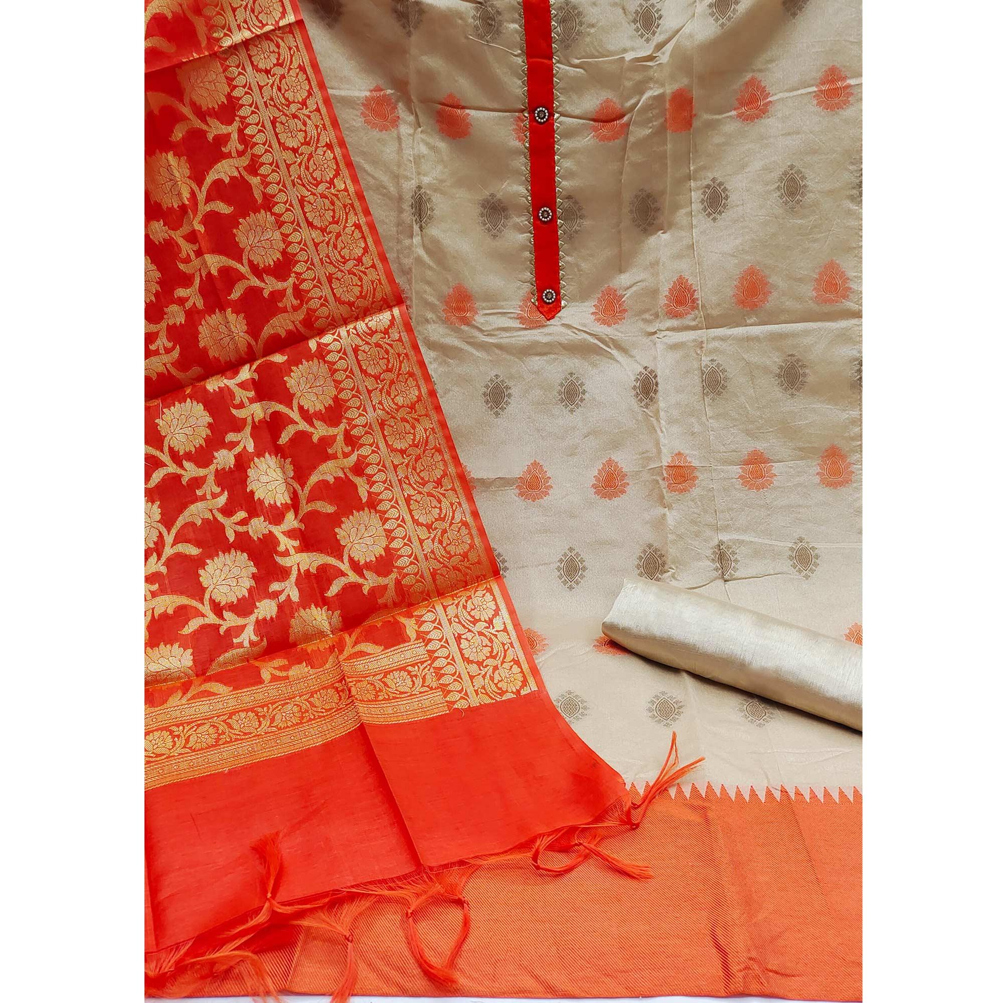 Beige Festive Wear Woven Banarasi Silk Jacquard Dress Material - Peachmode