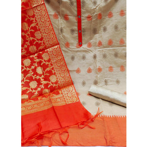 Beige Festive Wear Woven Banarasi Silk Jacquard Dress Material - Peachmode