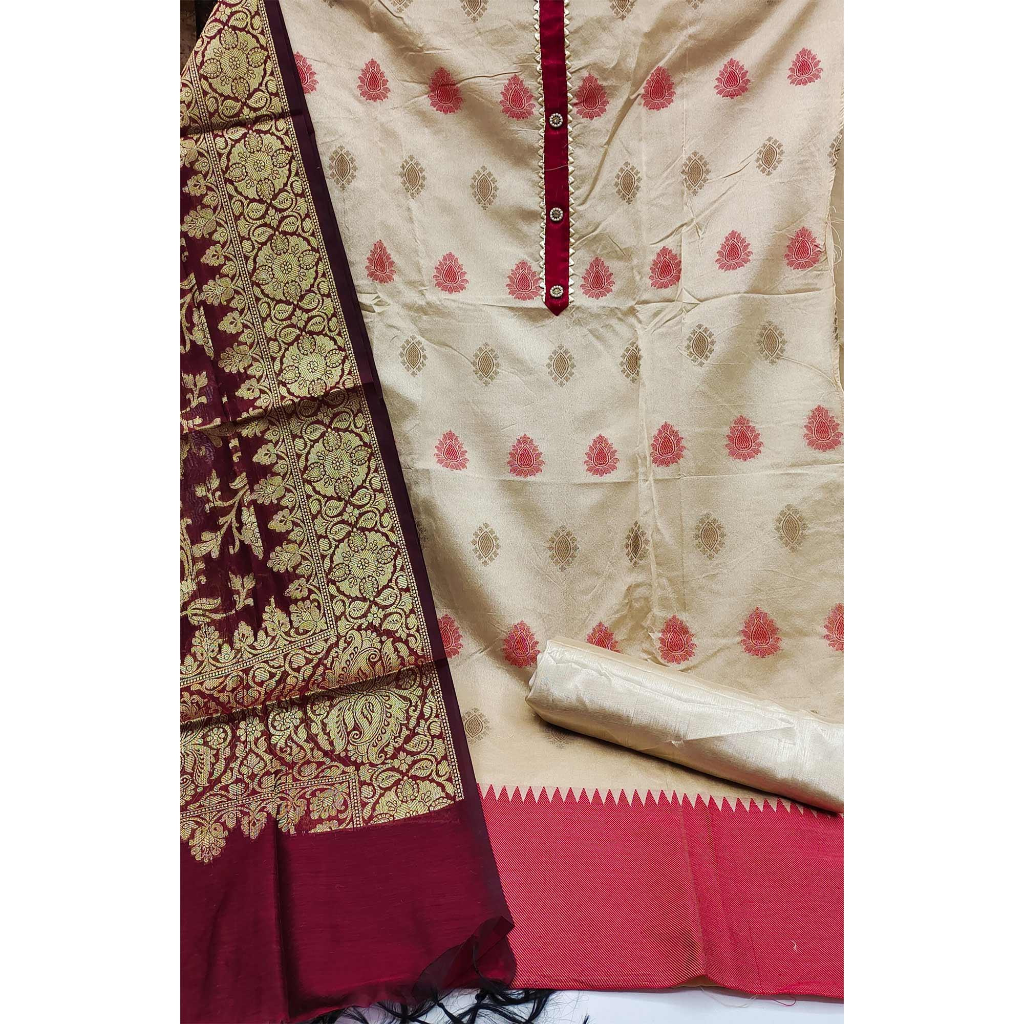 Beige Festive Wear Woven Banarasi Silk Jacquard Dress Material - Peachmode