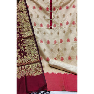 Beige Festive Wear Woven Banarasi Silk Jacquard Dress Material - Peachmode
