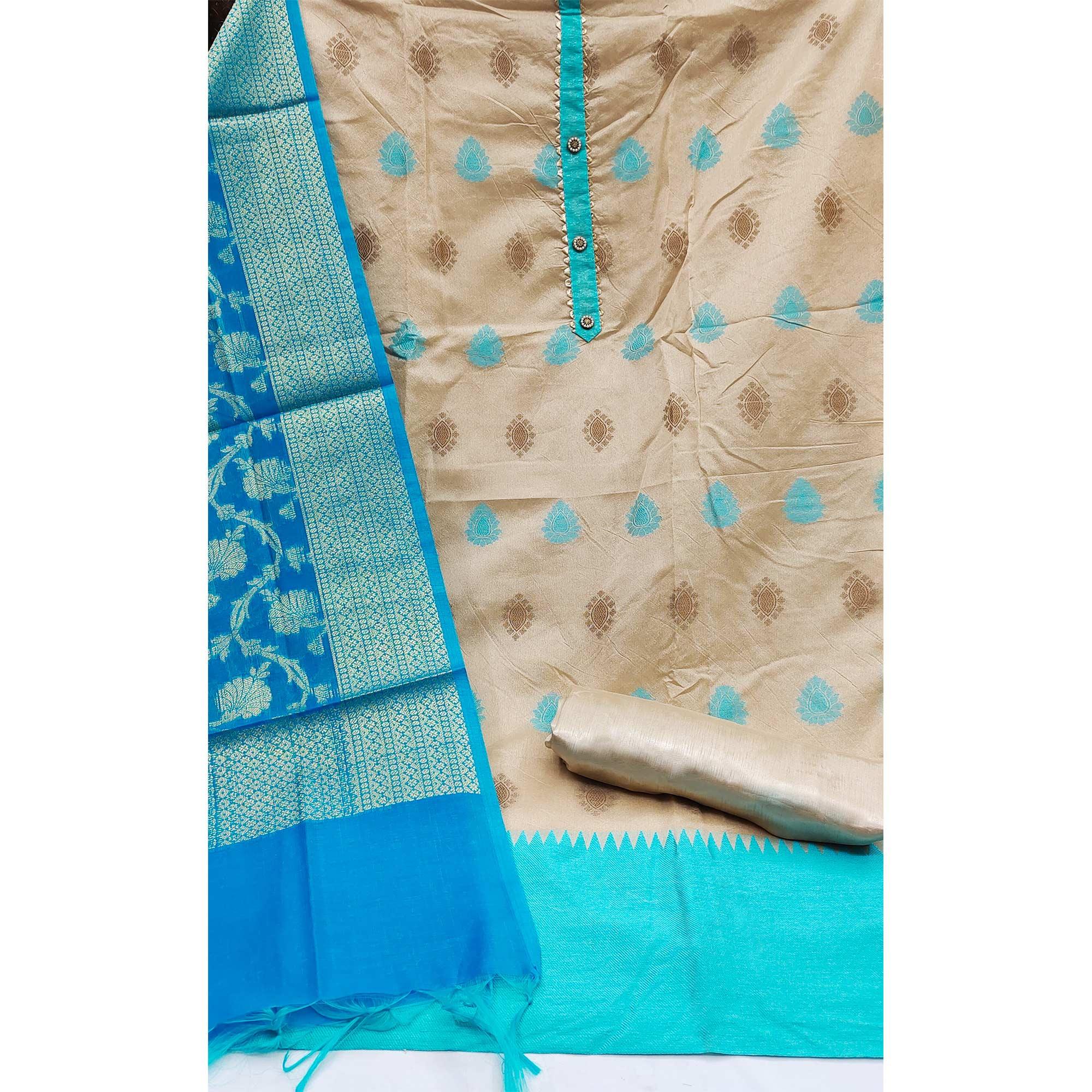 Beige Festive Wear Woven Banarasi Silk Jacquard Dress Material - Peachmode