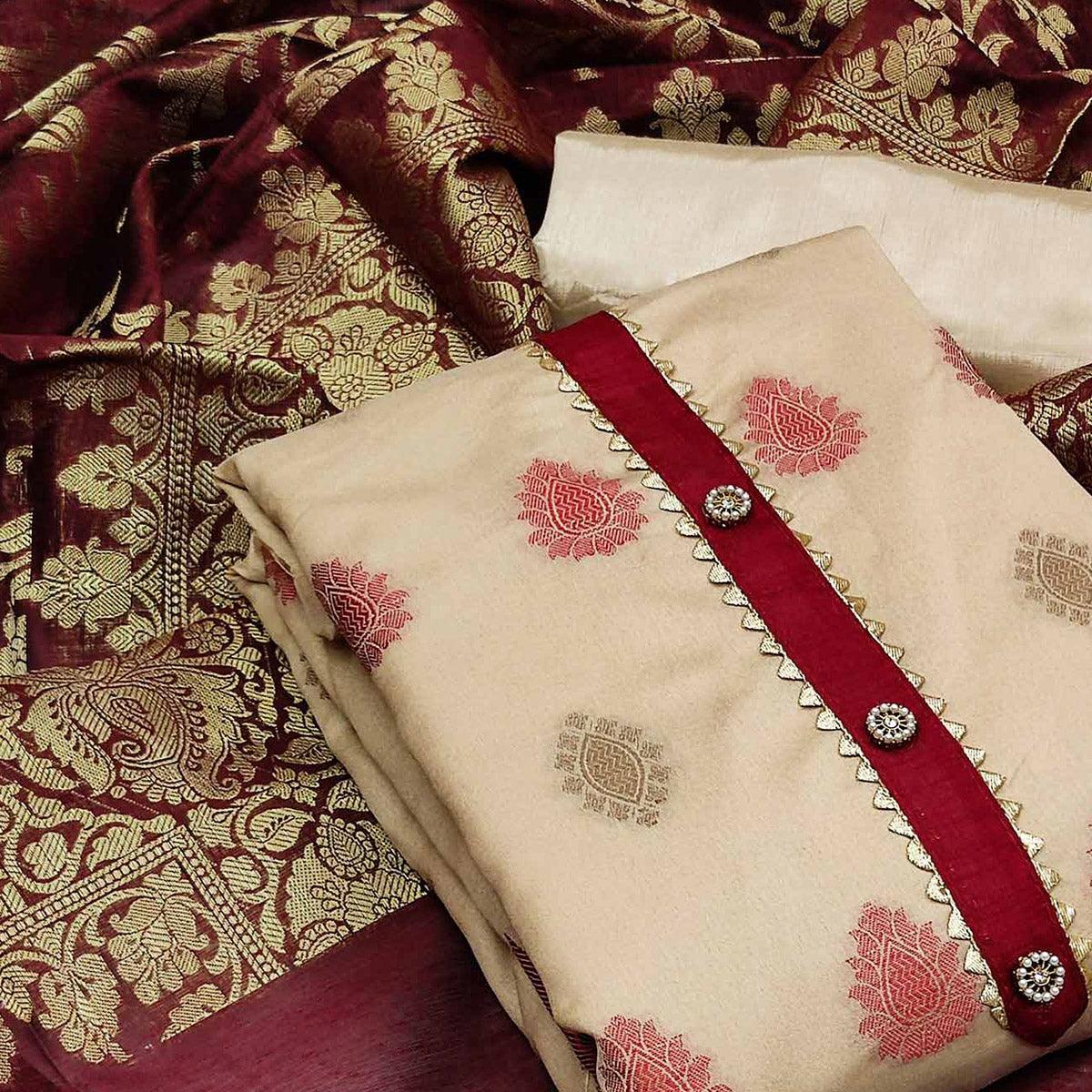 Beige Festive Wear Woven Banarasi Silk Jacquard Dress Material - Peachmode
